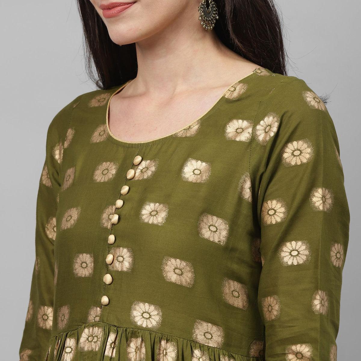 Maai - Green Casual Block Printed Cotton Anarkali Kurti - Peachmode