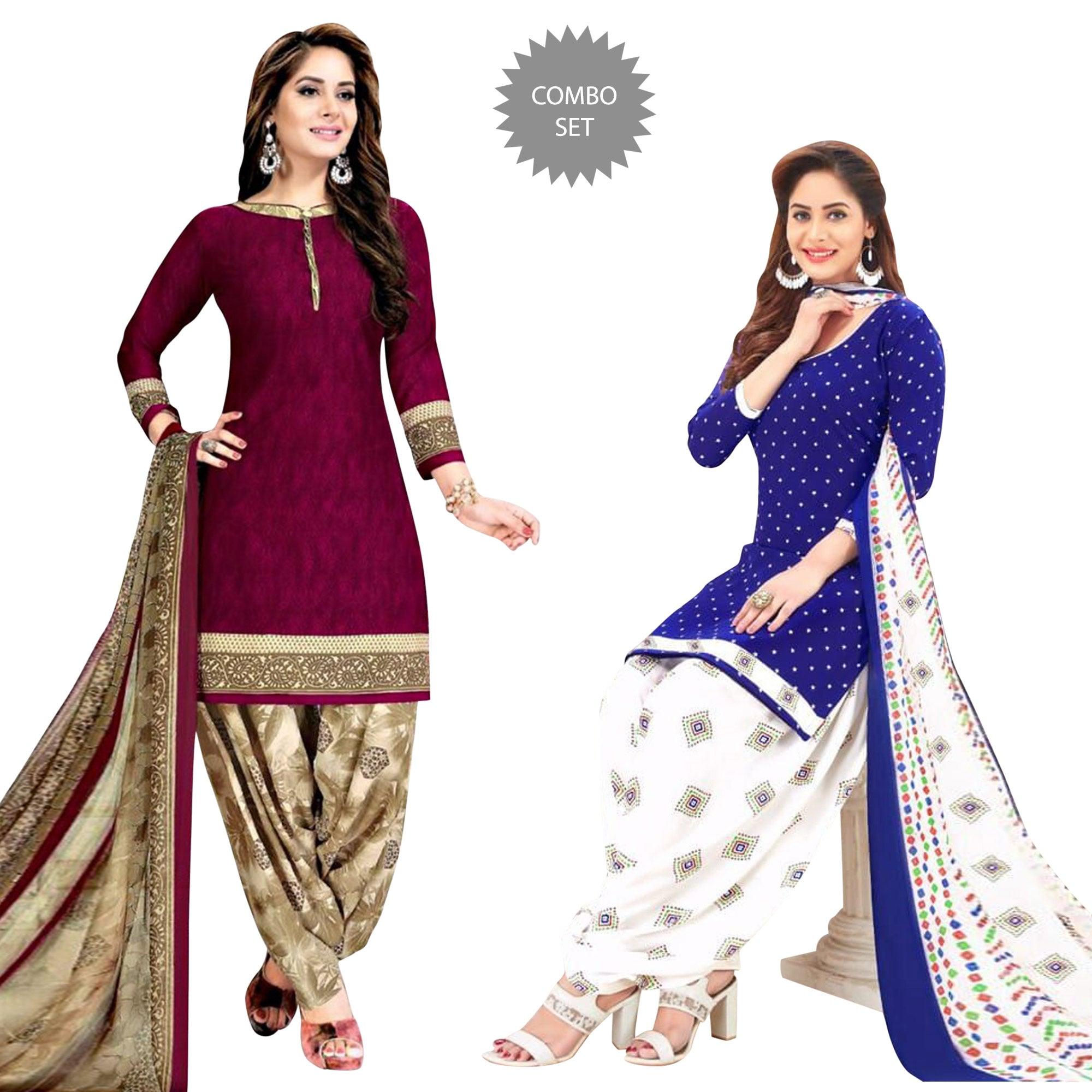 Magenta & Blue Casual Wear Printed Crepe Patiala Dress Material - Pack Of 2 - Peachmode