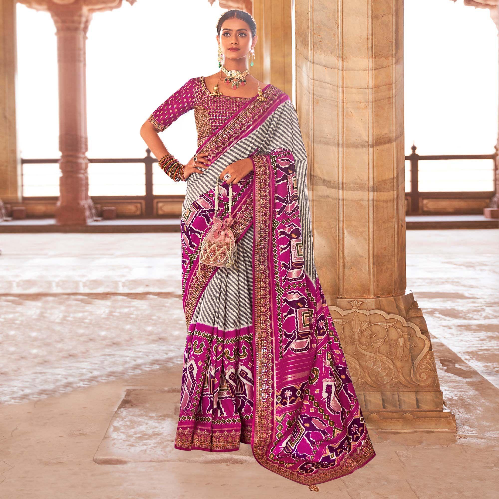 Magenta & Off White Patola Printed-Sequence Embroidered Pure Silk Saree - Peachmode