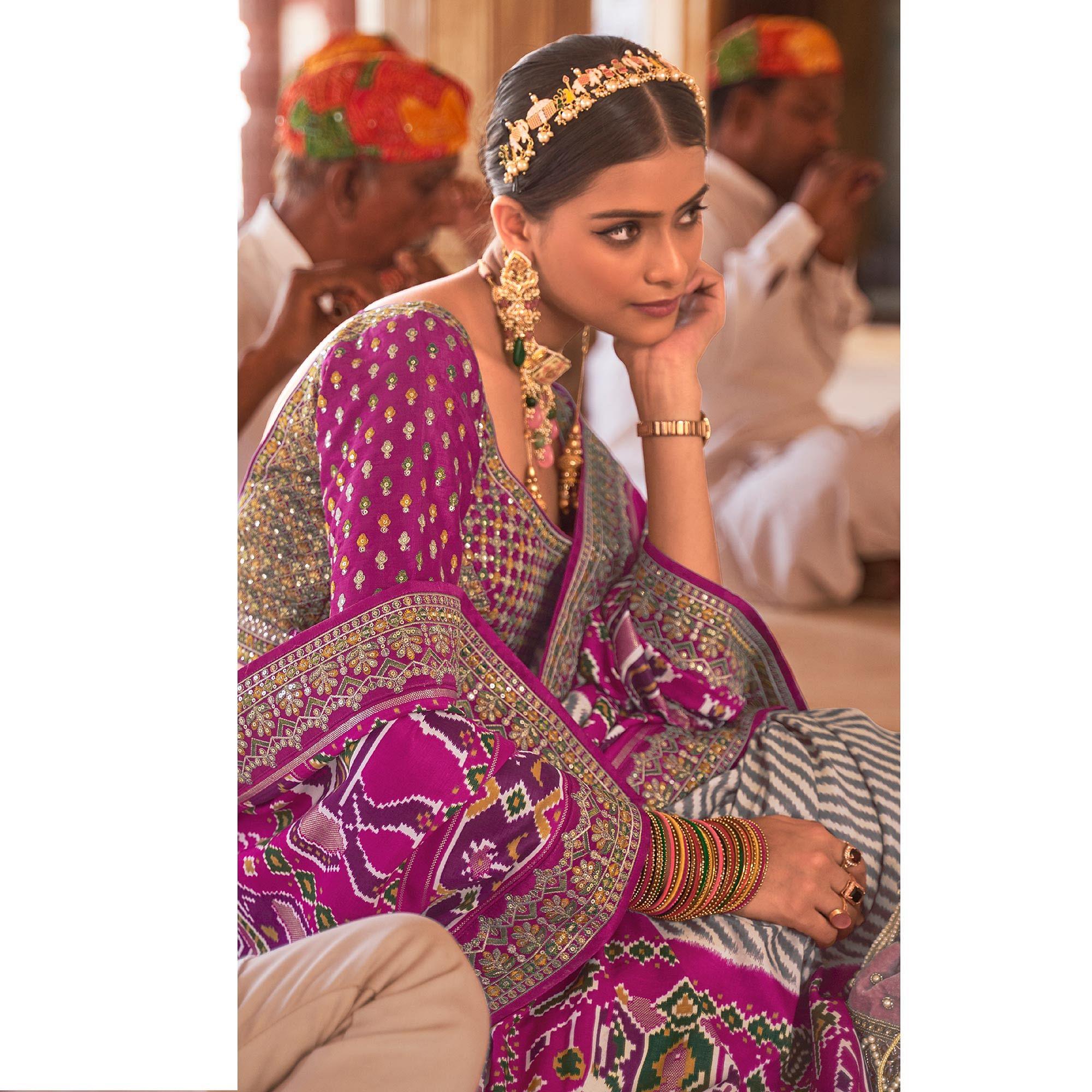 Magenta & Off White Patola Printed-Sequence Embroidered Pure Silk Saree - Peachmode