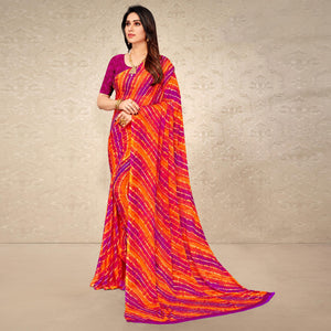 Magenta & Orange Printed Chiffon Saree - Peachmode