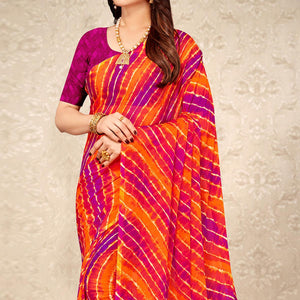 Magenta & Orange Printed Chiffon Saree - Peachmode