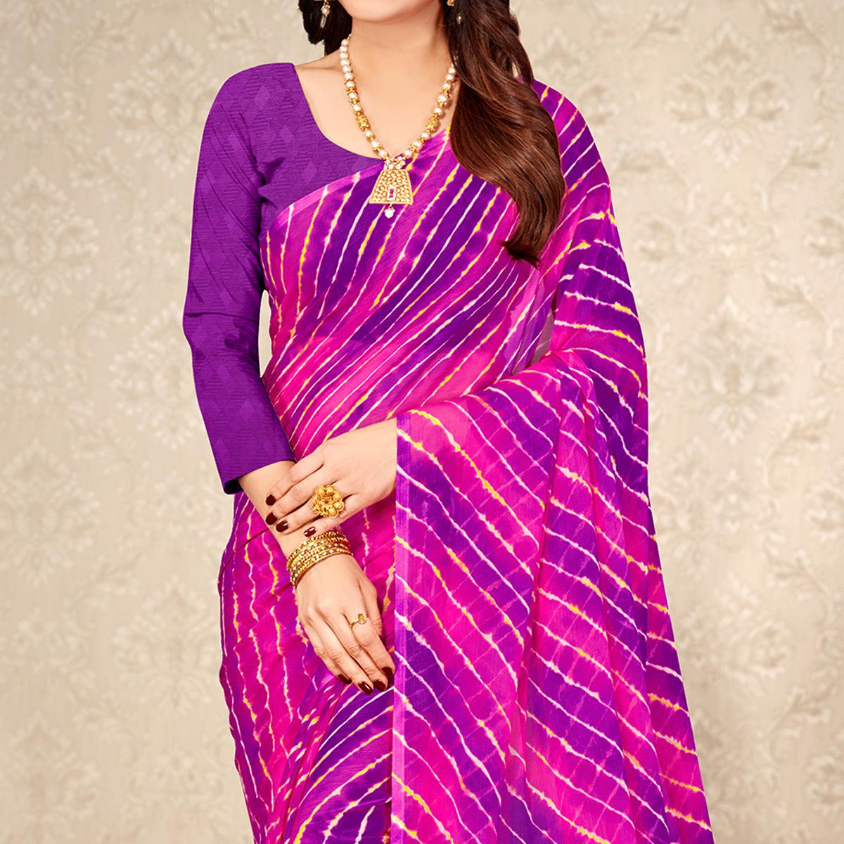 Magenta & Voilet Printed Chiffon Saree - Peachmode