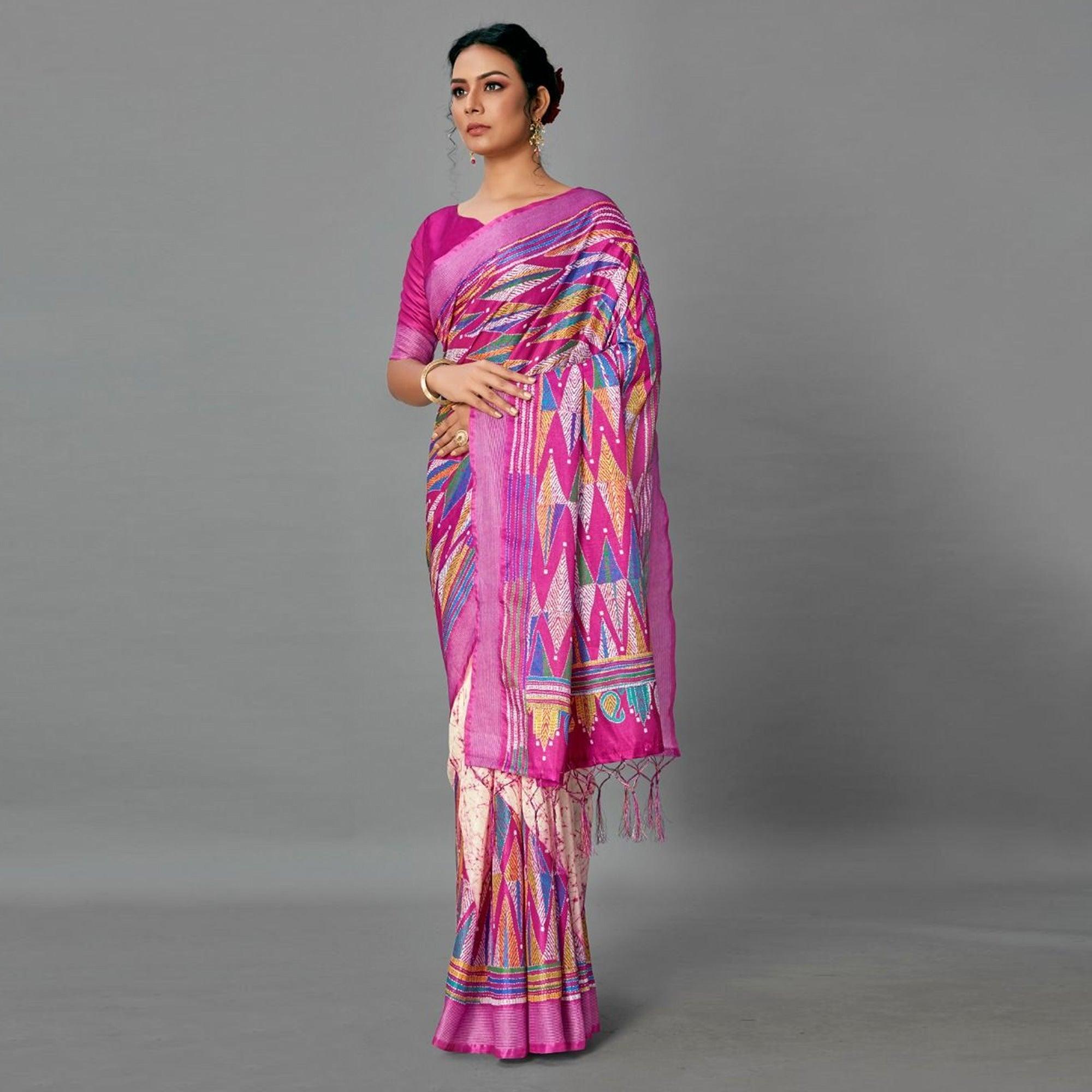 Magenta Casual Art Silk Printed Saree With Unstitched Blouse - Peachmode