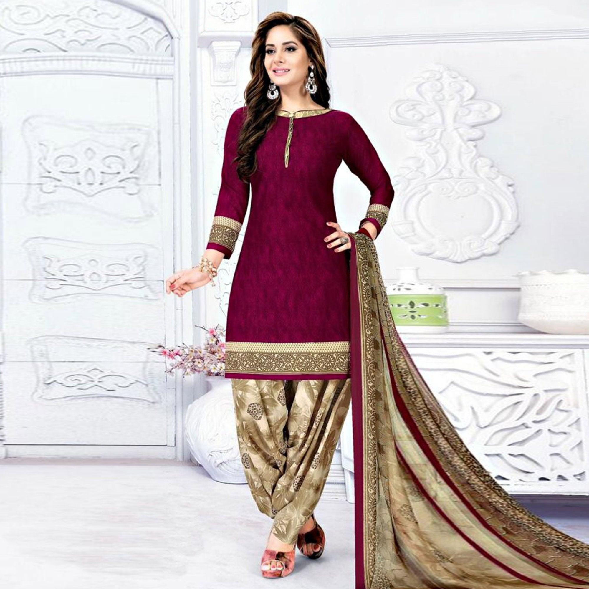 Magenta Casual Wear Crepe Patiala Dress Material - Peachmode