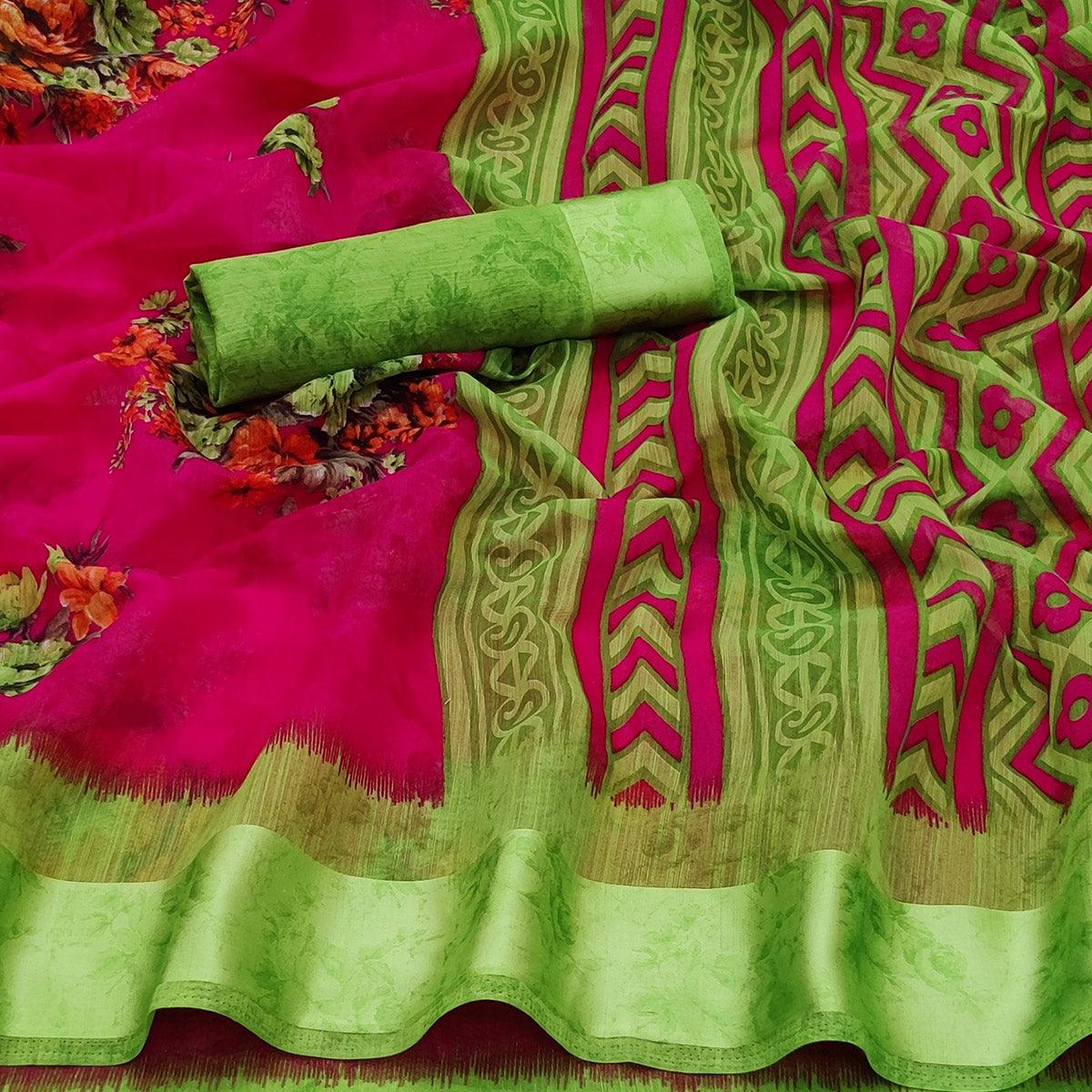 Magenta Casual Wear Floral Digital Printed linen Saree - Peachmode