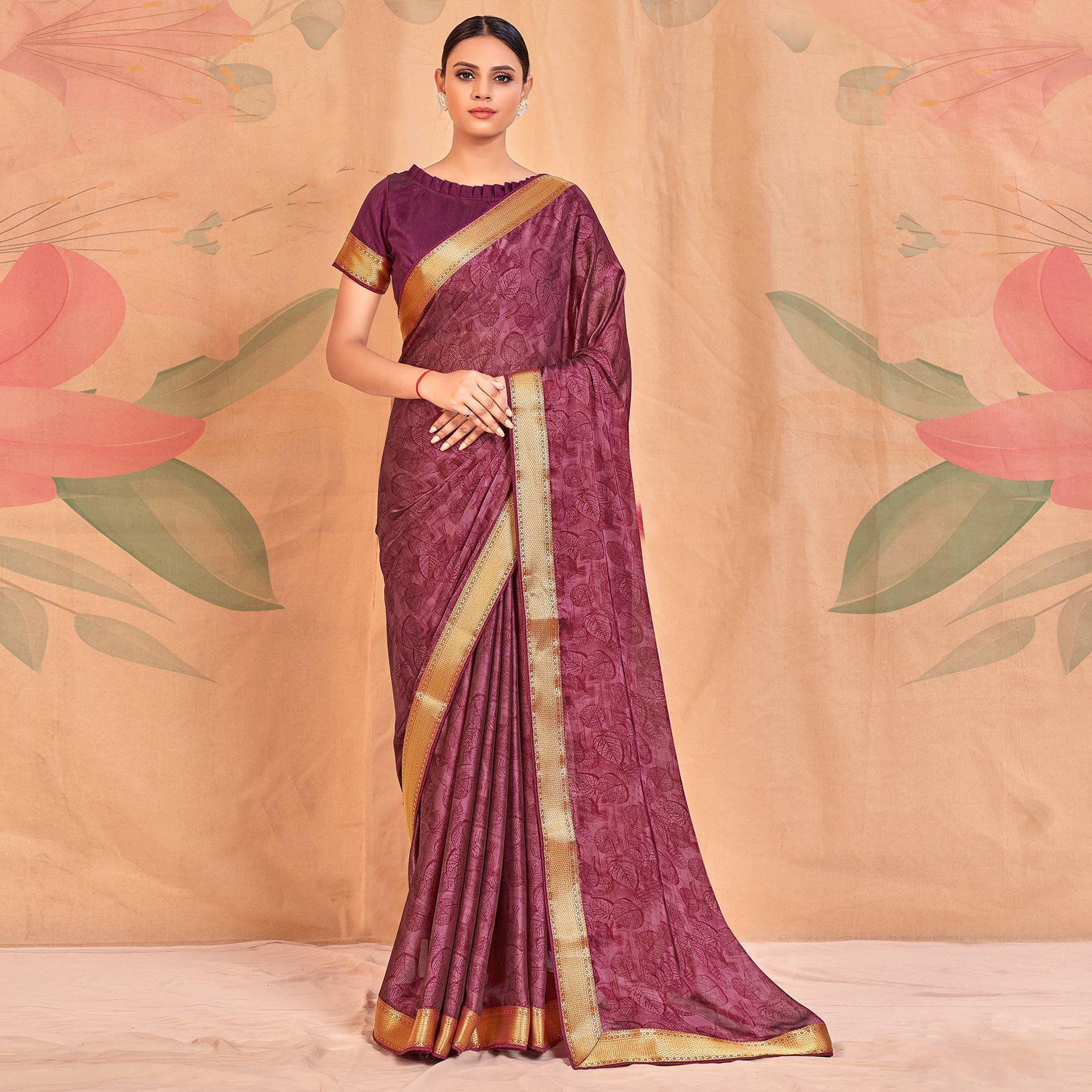 Magenta  Casual Wear Printed Chiffon Saree With Banarasi Lace - Peachmode