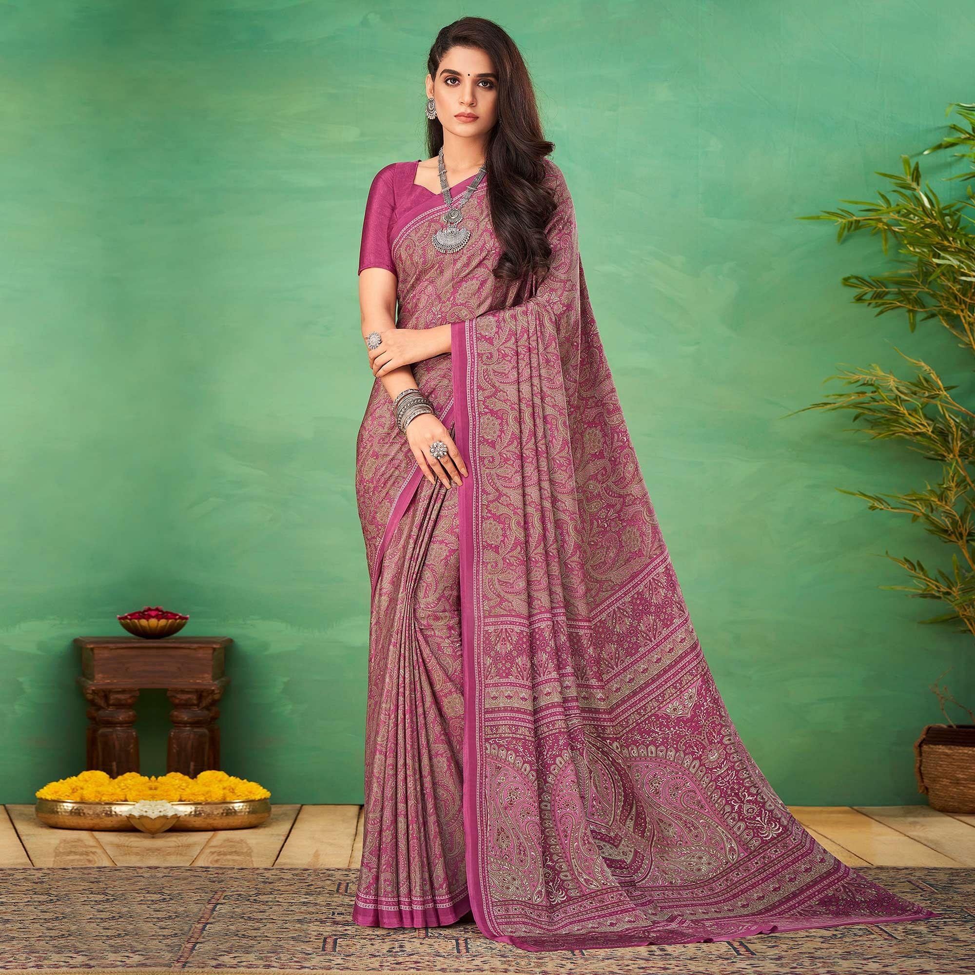 Magenta Casual Wear Printed Silk Saree - Peachmode