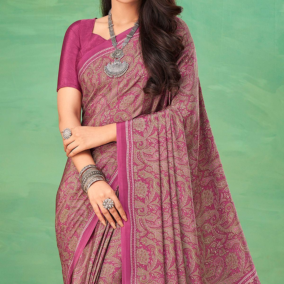Magenta Casual Wear Printed Silk Saree - Peachmode