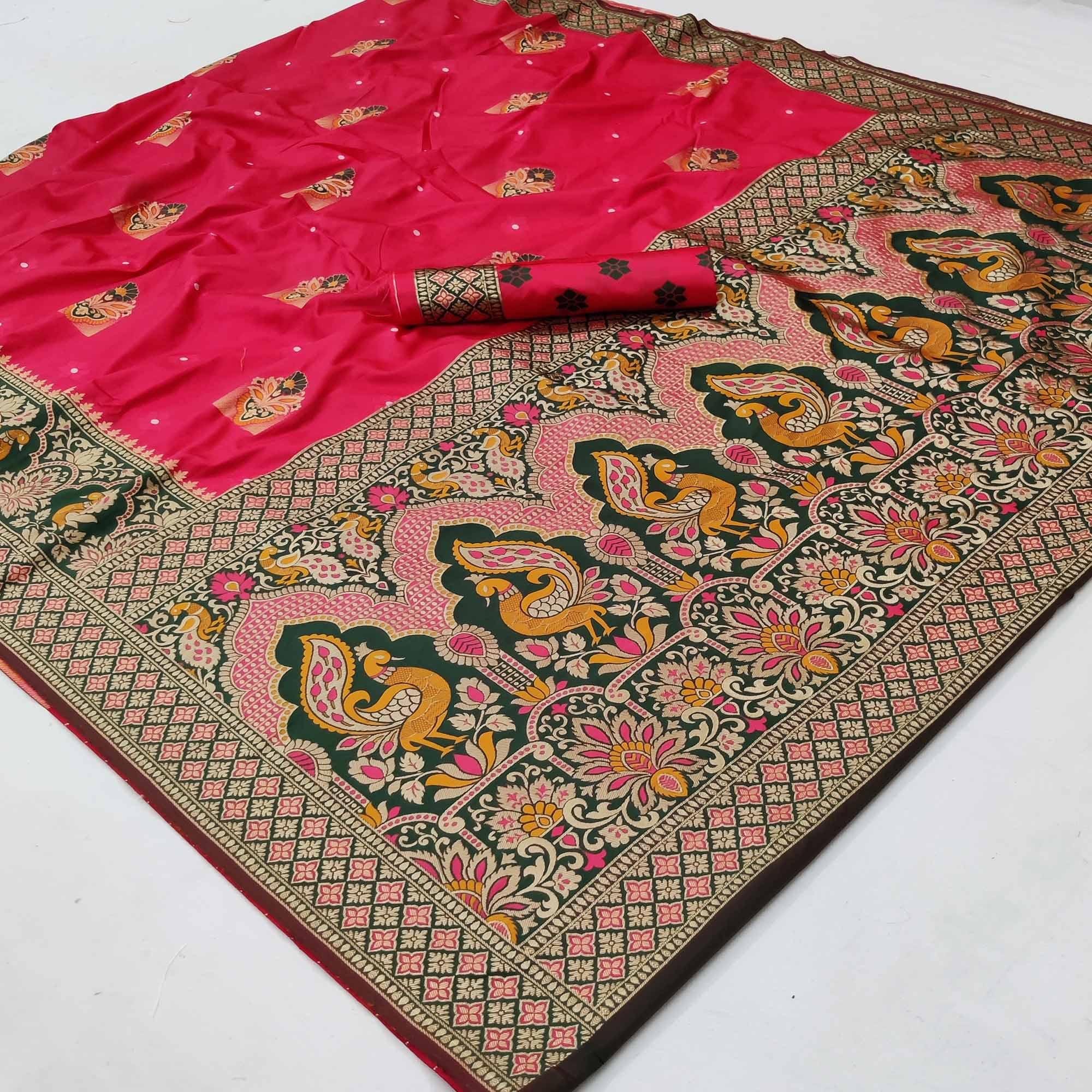 Magenta Festive Wear Floral Woven Designer Soft Silk Banarasi Saree - Peachmode