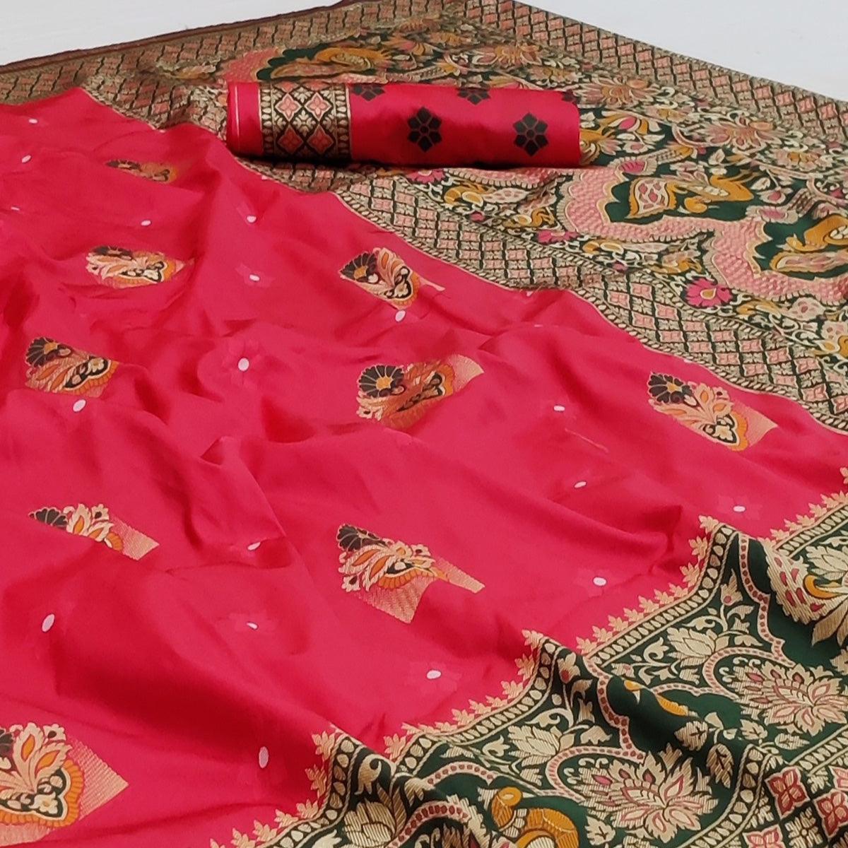 Magenta Festive Wear Floral Woven Designer Soft Silk Banarasi Saree - Peachmode