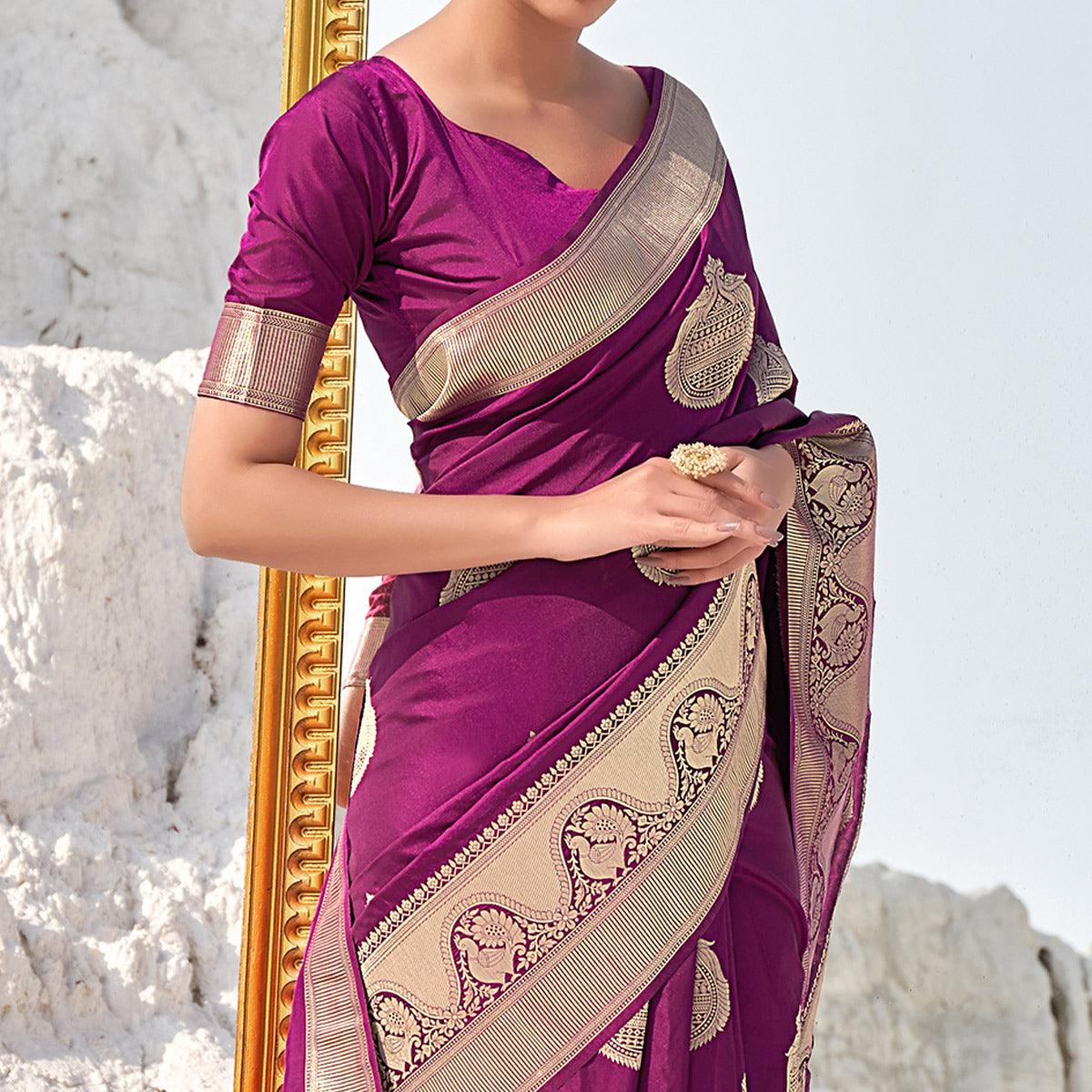 Magenta Festive Wear Woven Banarasi Silk Saree - Peachmode