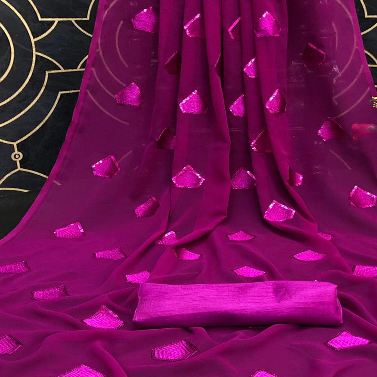 Magenta Partywear Diamond Sequence Georgette Saree - Peachmode