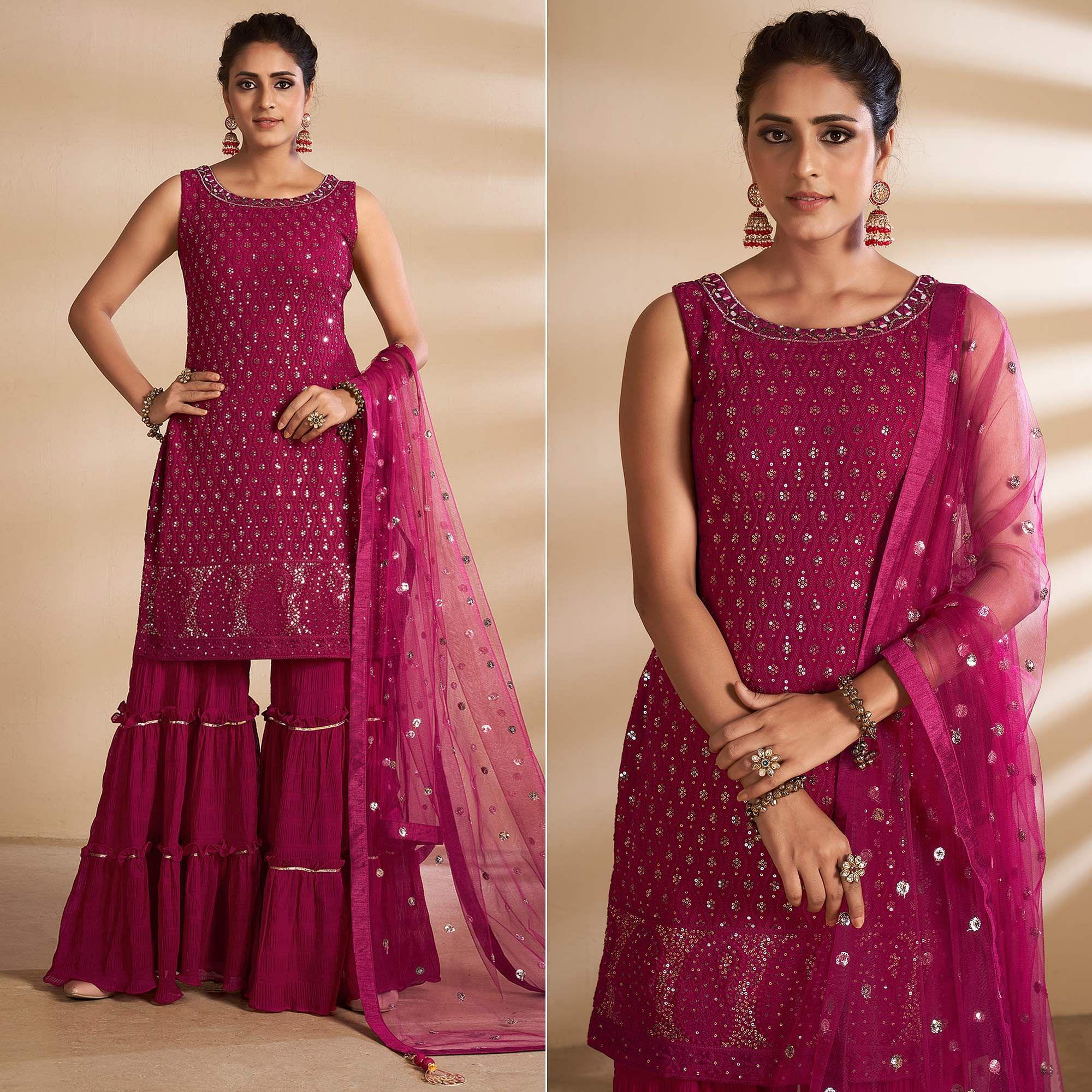 Magenta Partywear Embroidered Georgette Sharara Suit - Peachmode
