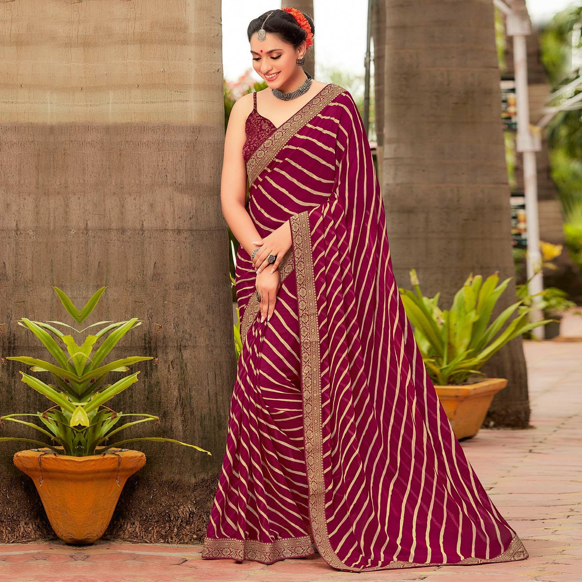 Magenta Partywear Printed Chiffon Saree With Border - Peachmode