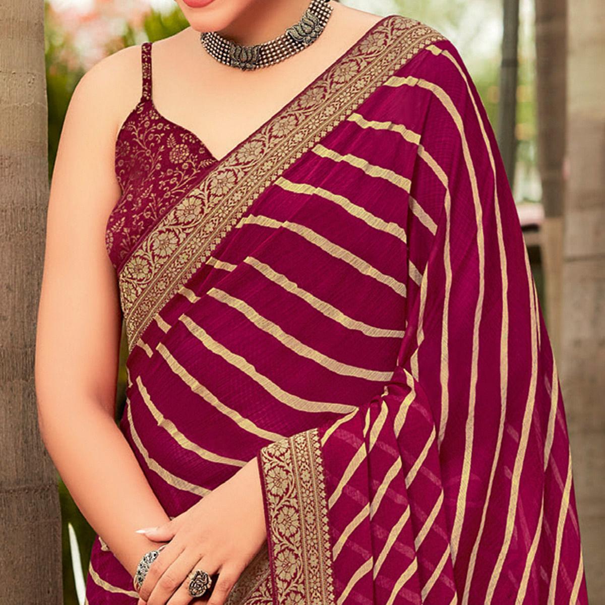 Magenta Partywear Printed Chiffon Saree With Border - Peachmode