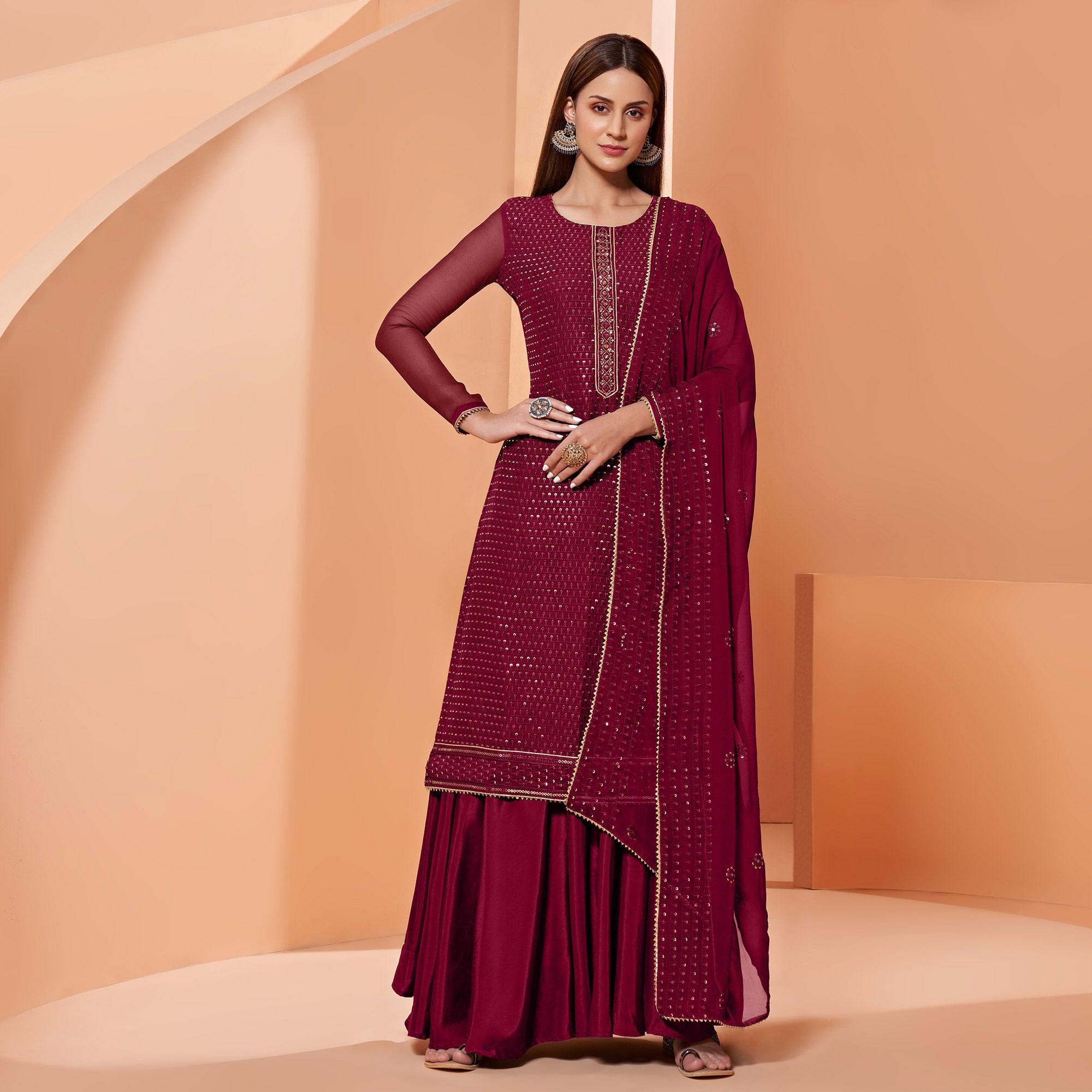 Magenta Partywear Sequence & Thread Embroidered Pure Georgette Palazzo Suit - Peachmode