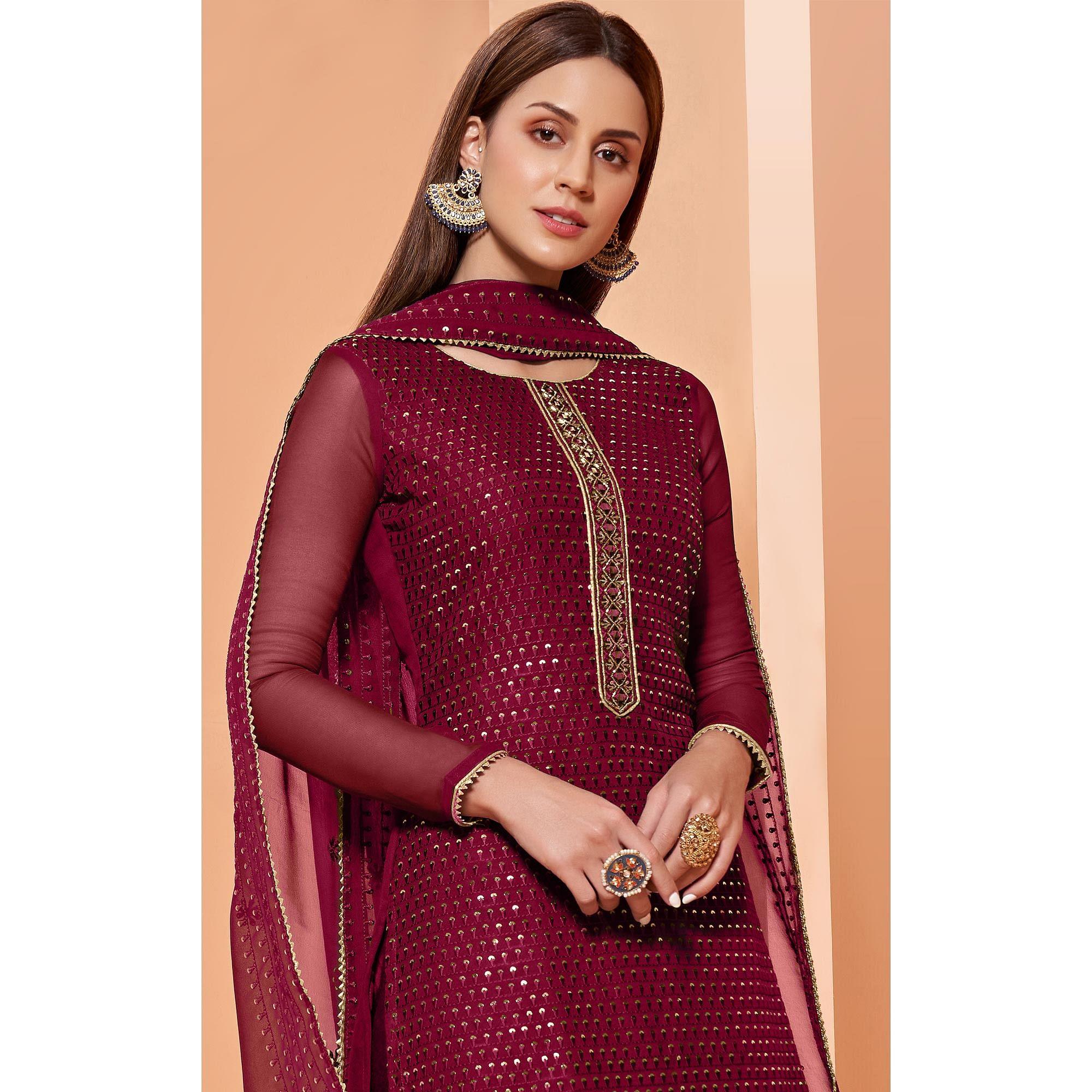 Magenta Partywear Sequence & Thread Embroidered Pure Georgette Palazzo Suit - Peachmode