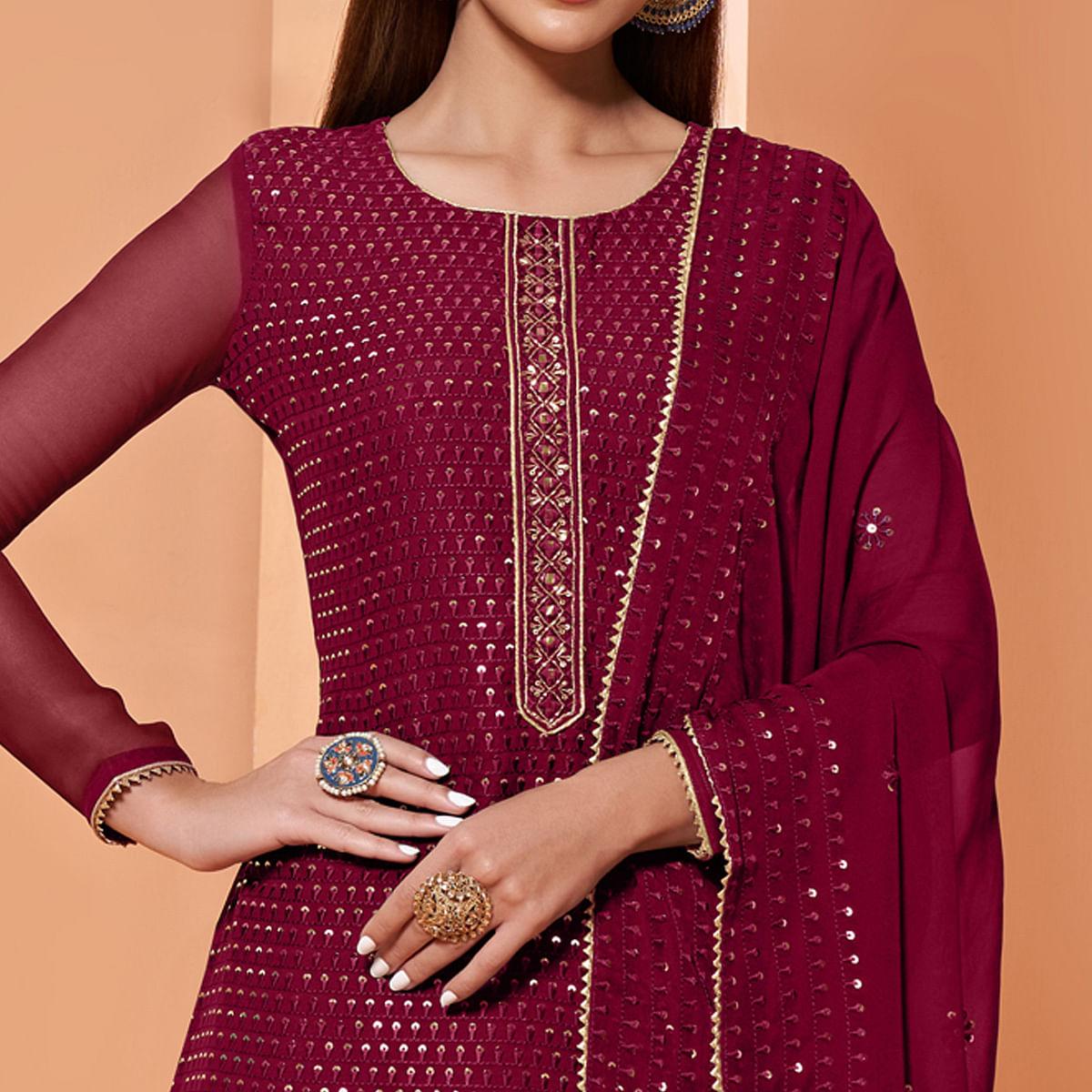 Magenta Partywear Sequence & Thread Embroidered Pure Georgette Palazzo Suit - Peachmode