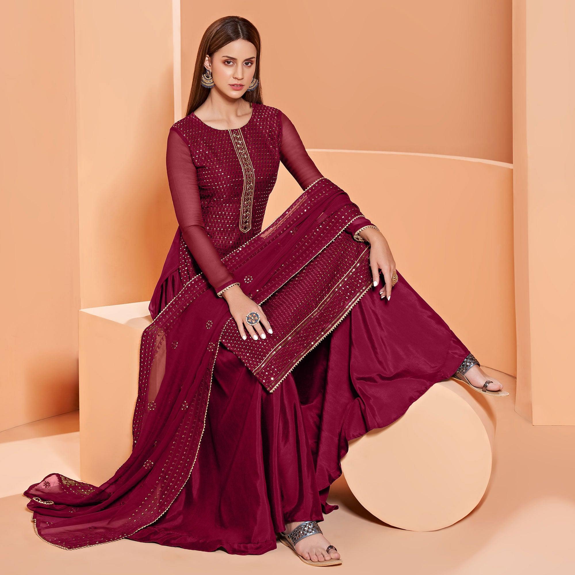 Magenta Partywear Sequence & Thread Embroidered Pure Georgette Palazzo Suit - Peachmode