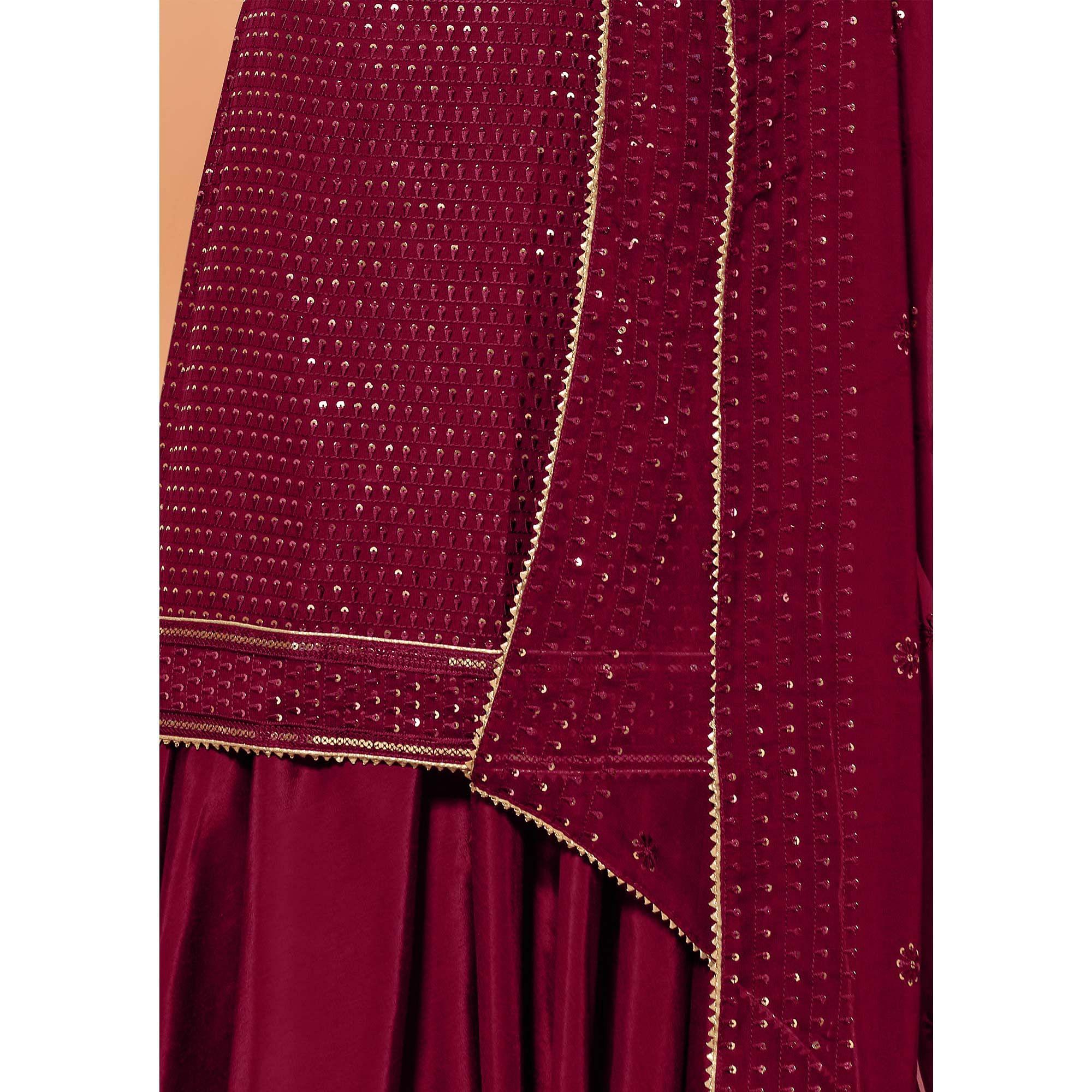 Magenta Partywear Sequence & Thread Embroidered Pure Georgette Palazzo Suit - Peachmode