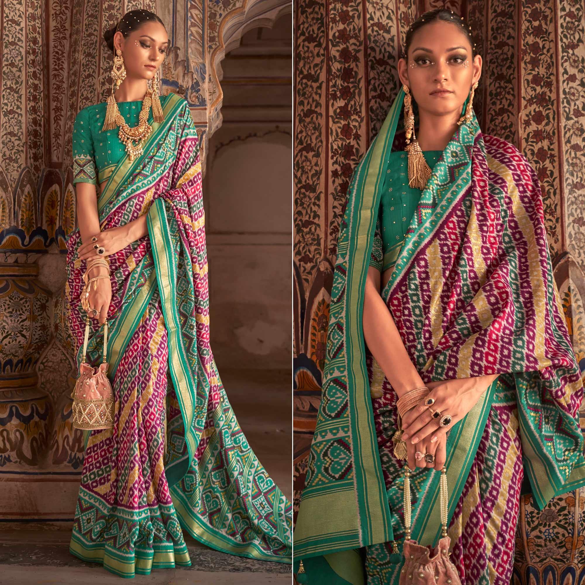 Magenta Patola Printed Art Silk Saree - Peachmode