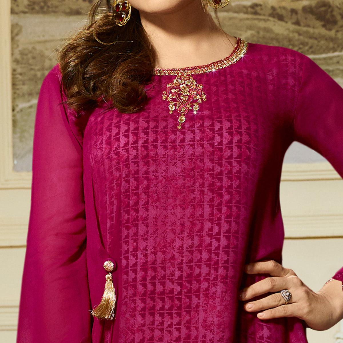 Gorgeous Magenta Pink Colored Partywear Embroidered Georgette Kurti