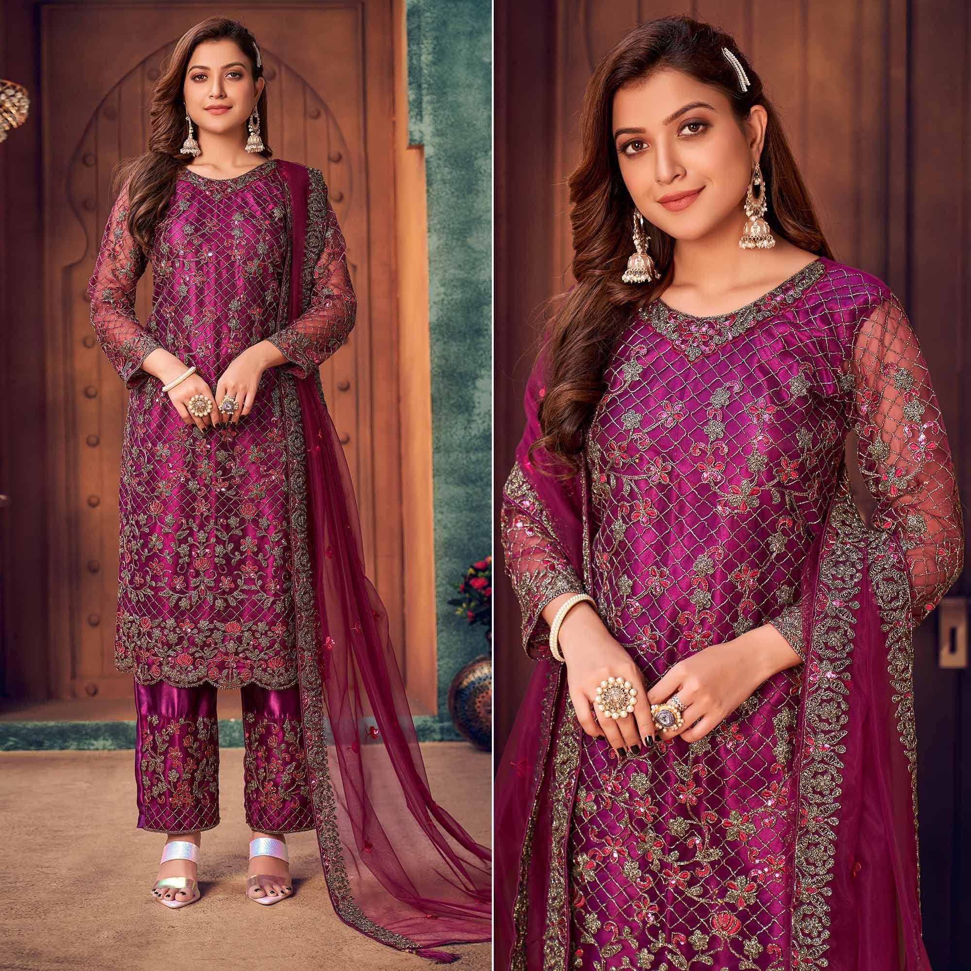 Magenta Pink Embroidered Netted Pakistani Suit - Peachmode