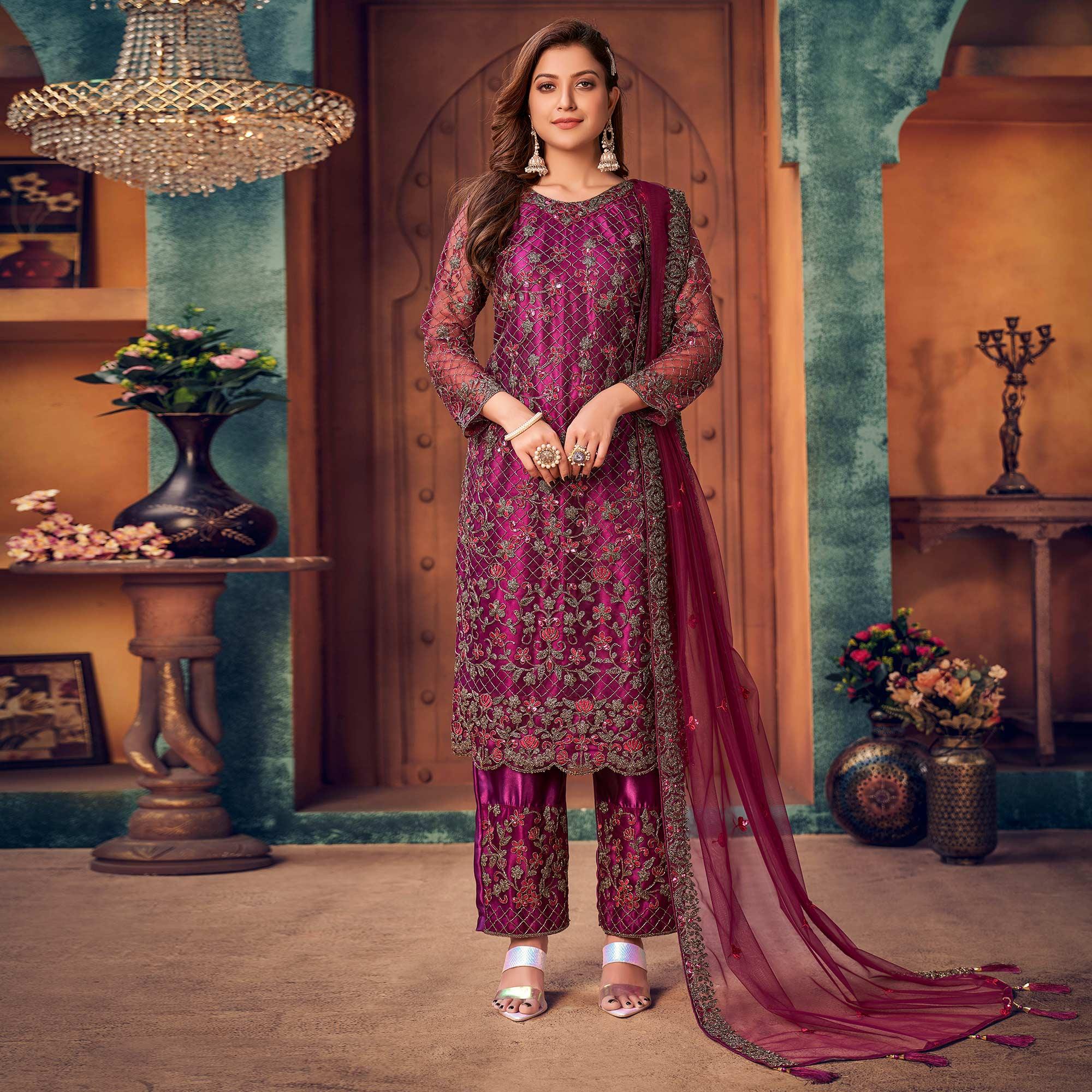 Magenta Pink Embroidered Netted Pakistani Suit - Peachmode