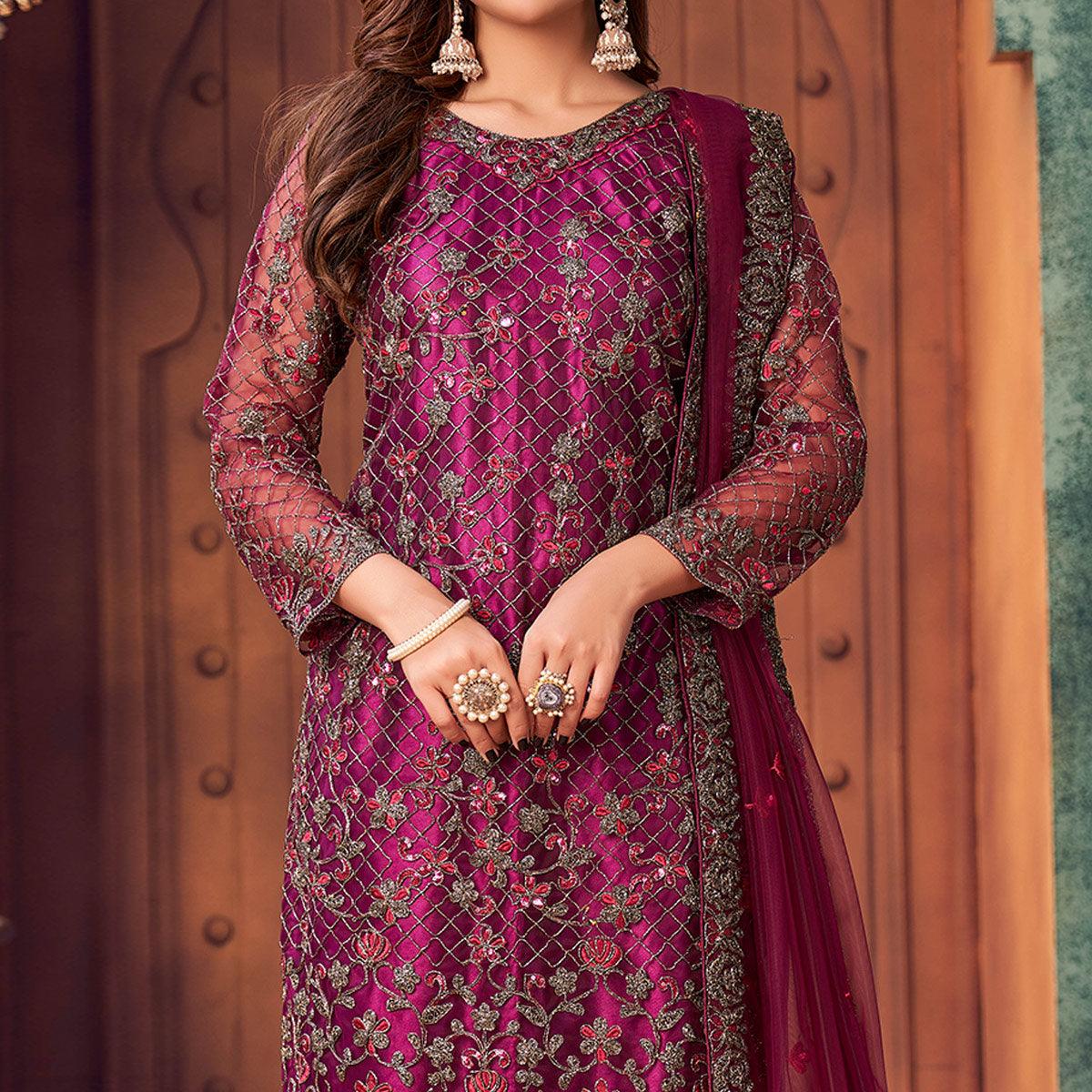 Magenta Pink Embroidered Netted Pakistani Suit - Peachmode