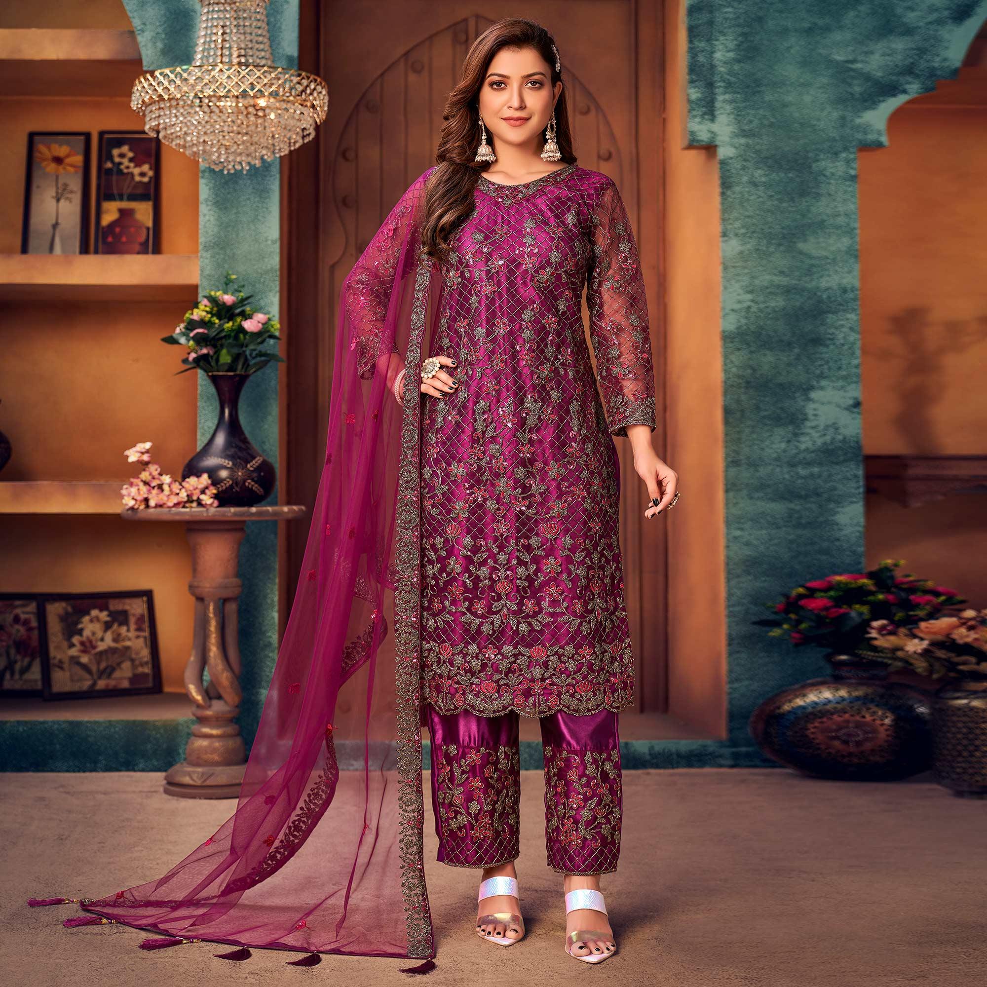 Magenta Pink Embroidered Netted Pakistani Suit - Peachmode