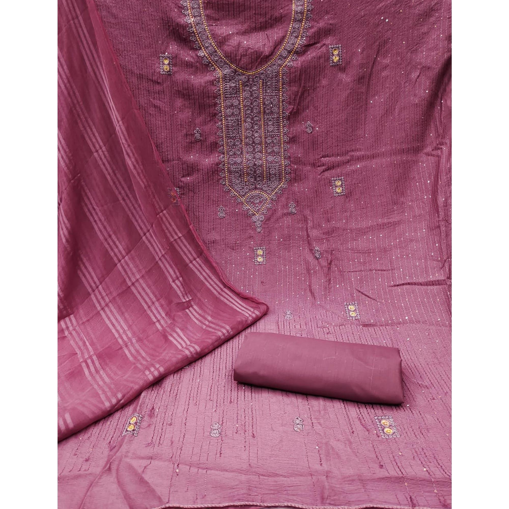 Magenta Pink Embroidered Poly Cotton Dress Material - Peachmode