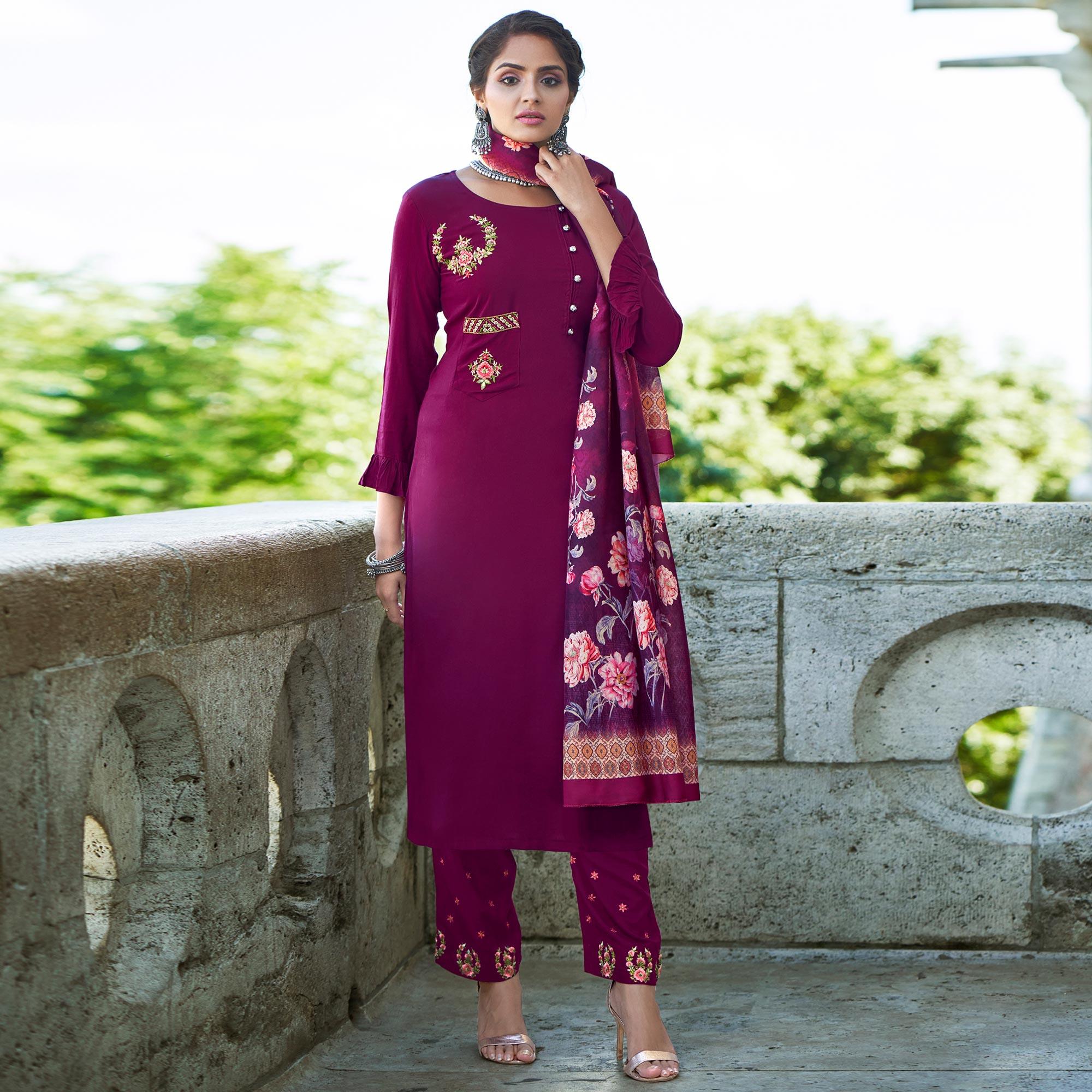 Magenta Pink Embroidered Rayon Kurti Pant Set With Dupatta - Peachmode