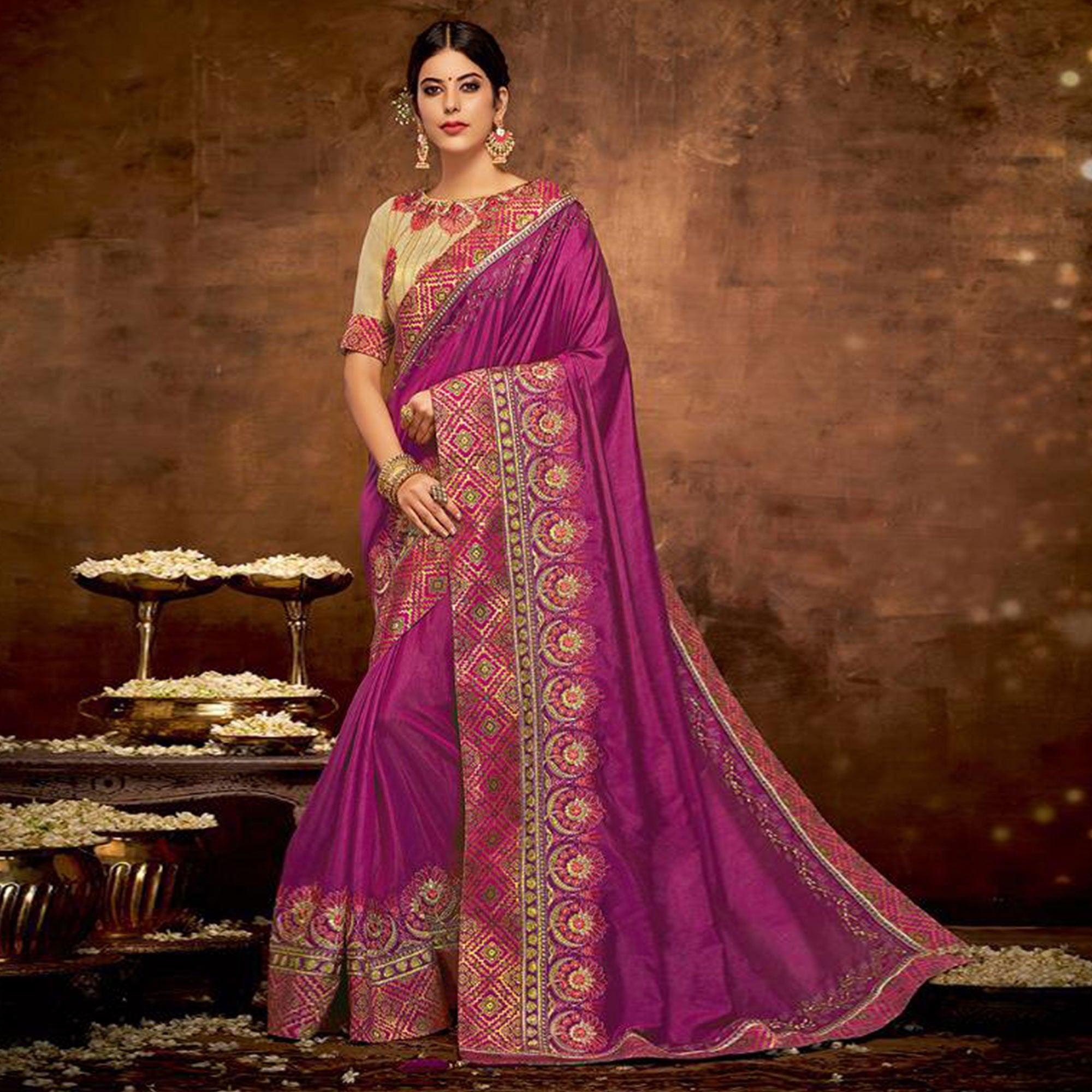 Magenta Pink Embroidered Satin Saree - Peachmode