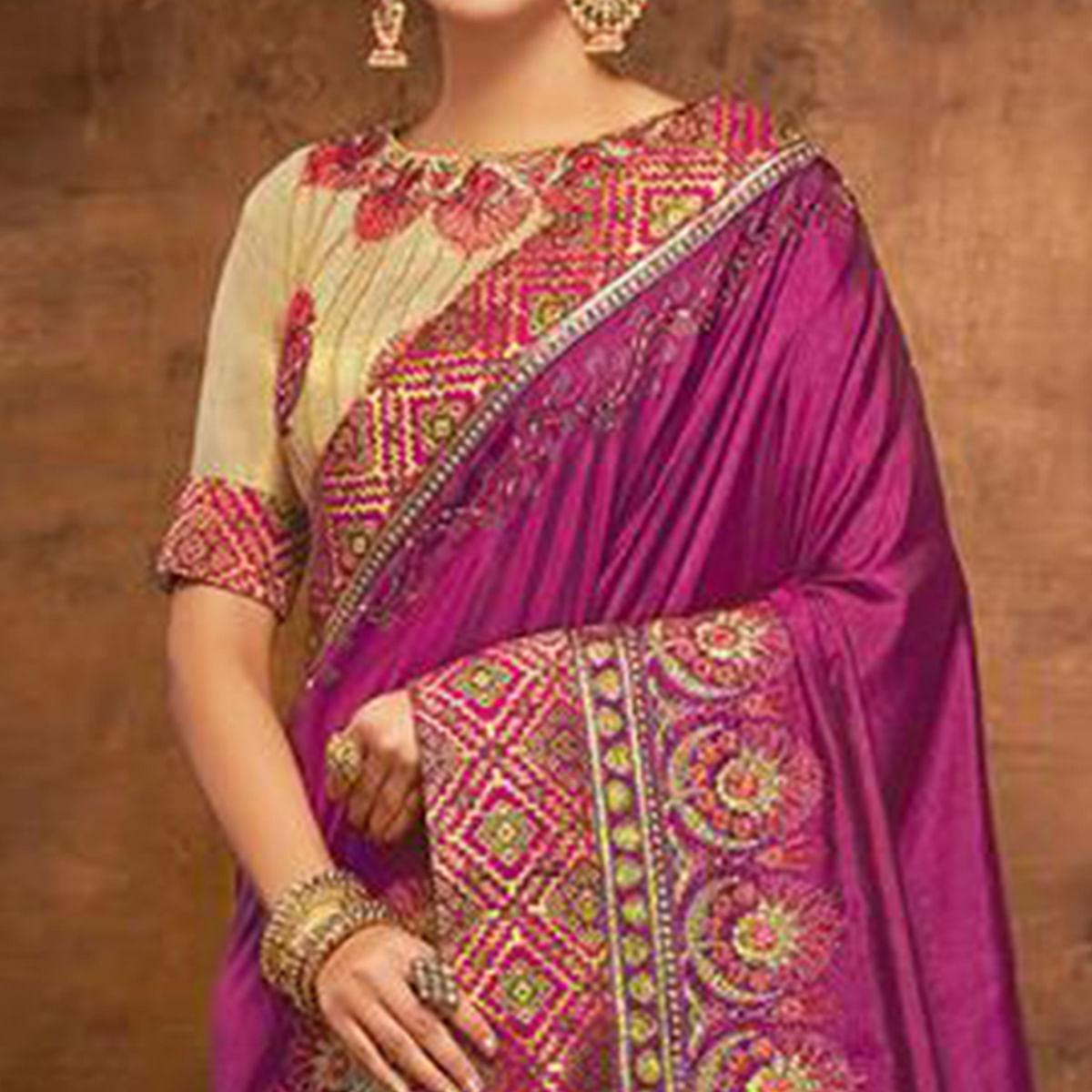 Magenta Pink Embroidered Satin Saree - Peachmode