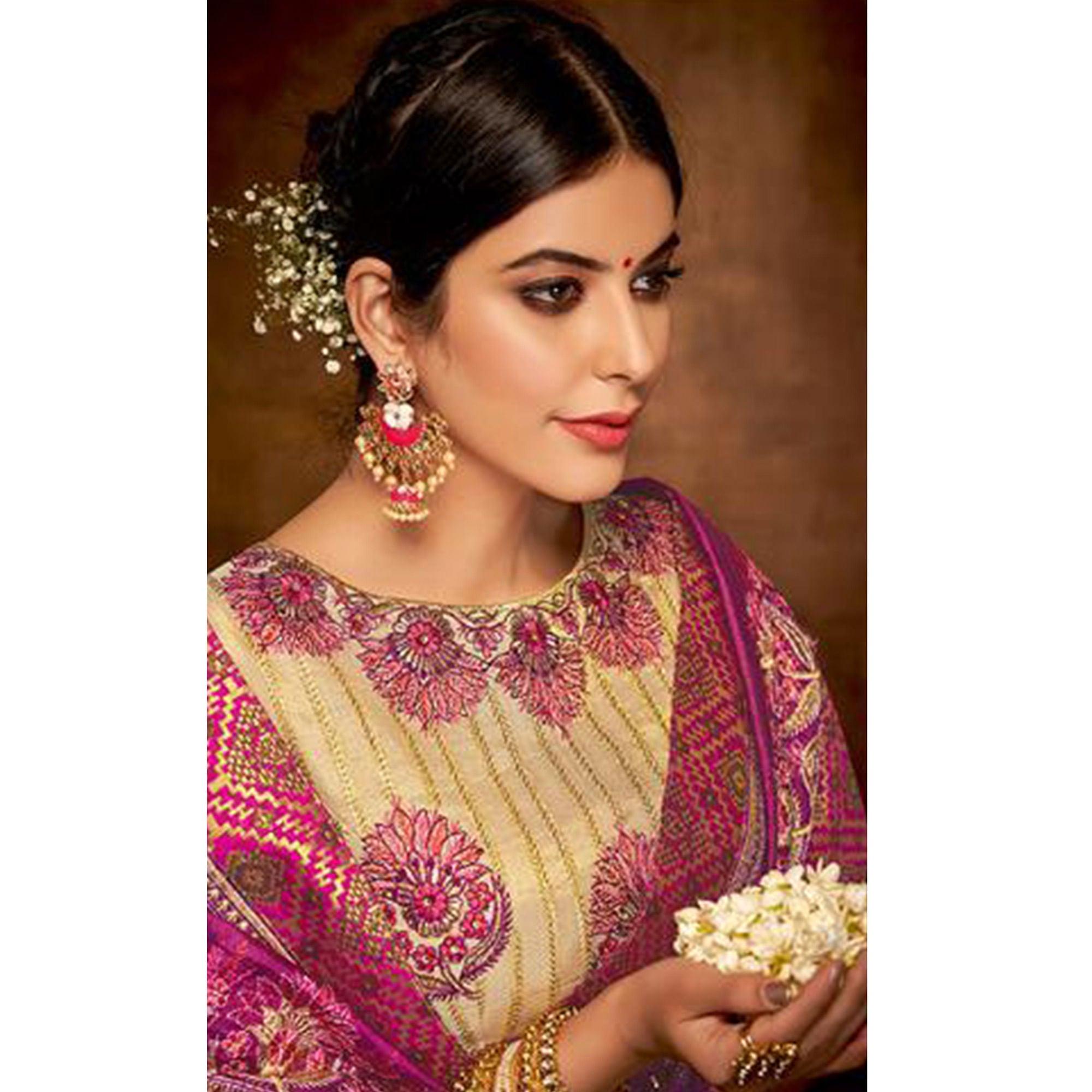 Magenta Pink Embroidered Satin Saree - Peachmode