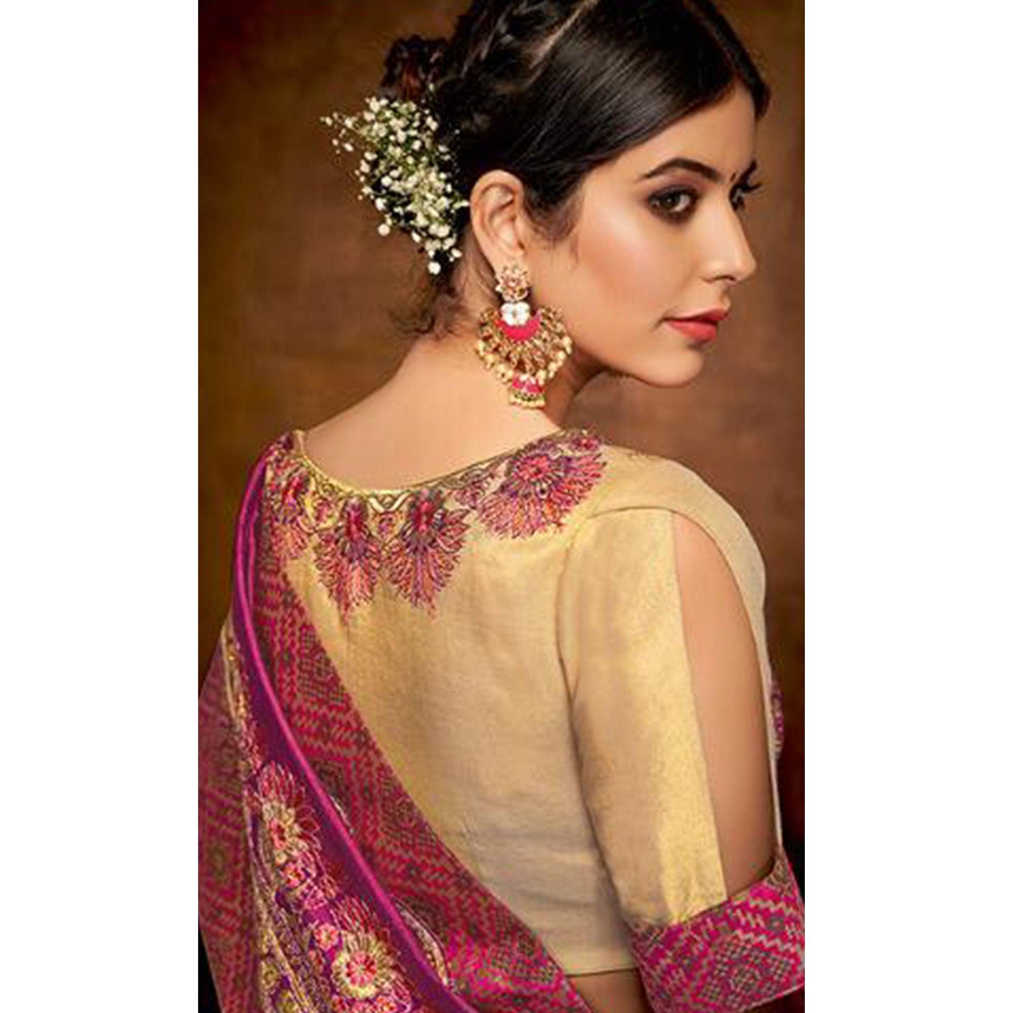 Magenta Pink Embroidered Satin Saree - Peachmode