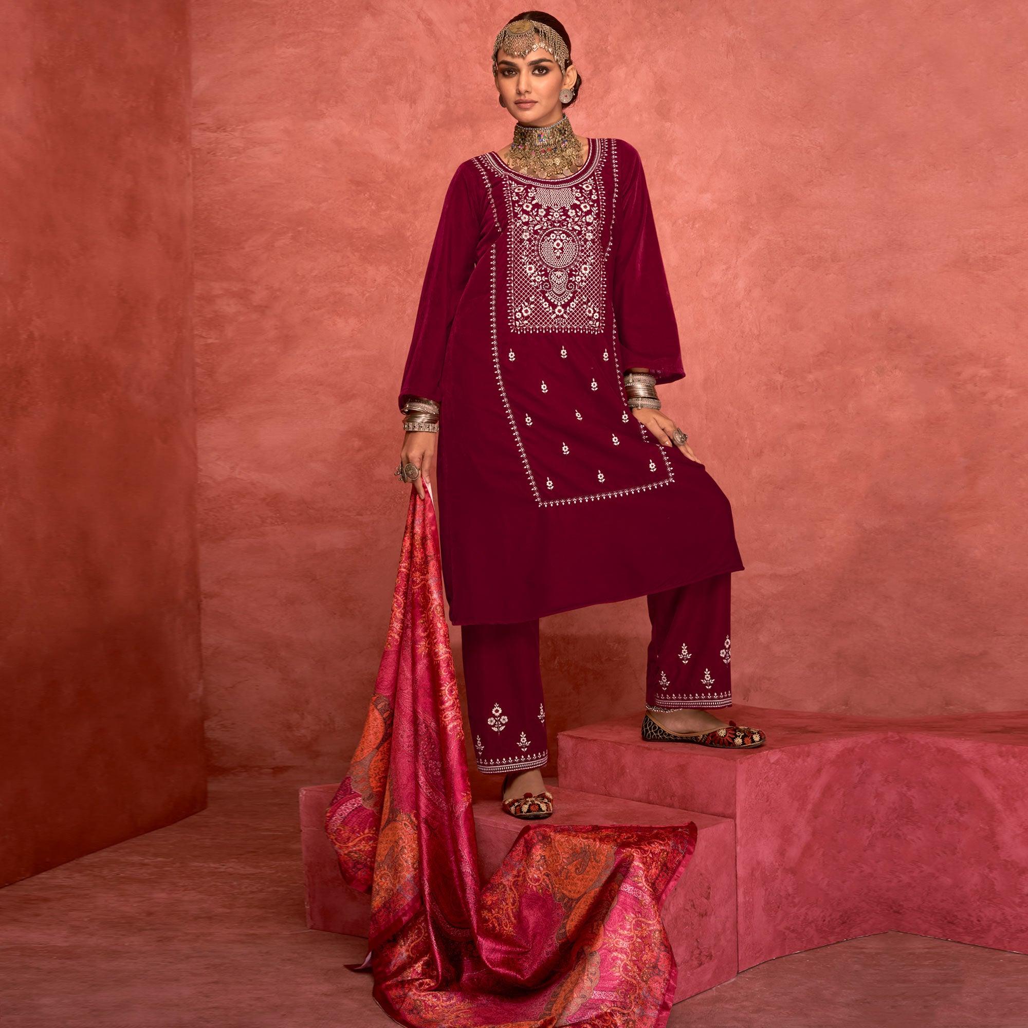 Magenta Pink Embroidered Velvet Pakistani Suit - Peachmode