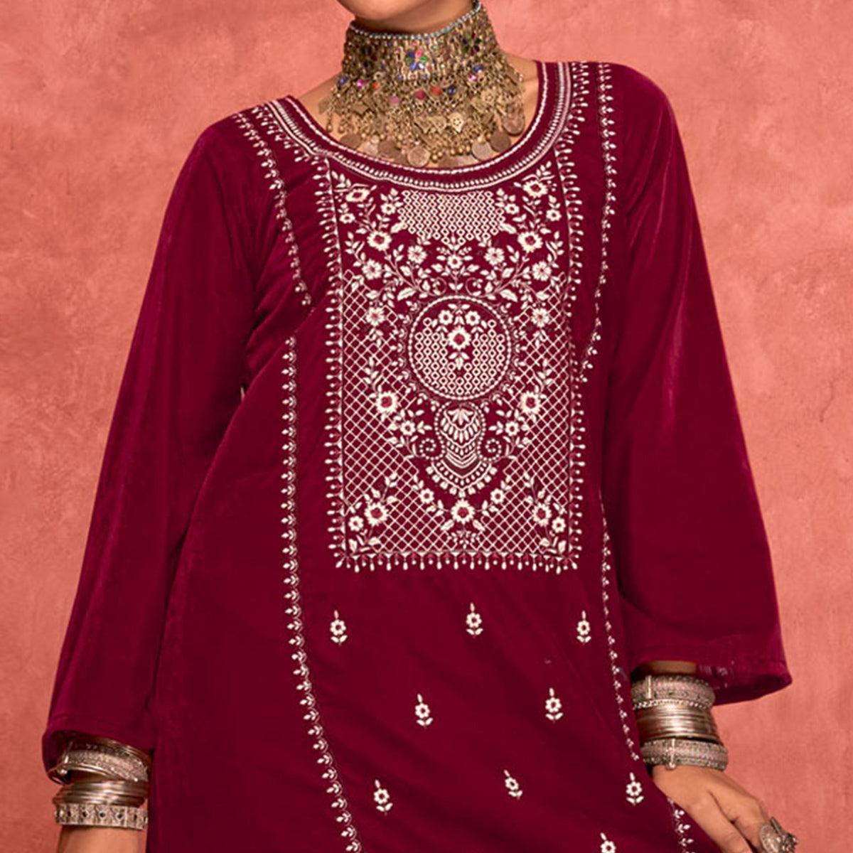 Magenta Pink Embroidered Velvet Pakistani Suit - Peachmode