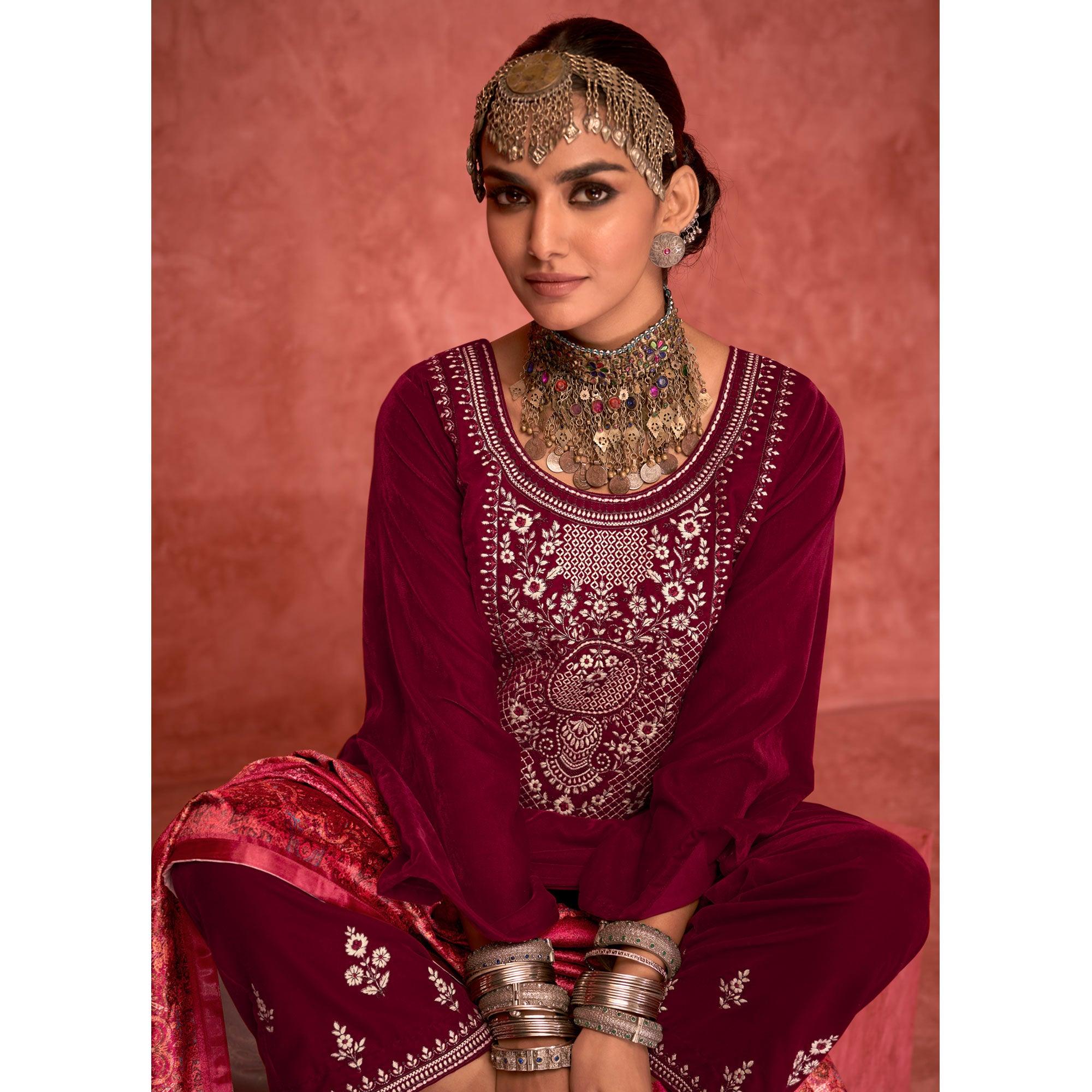 Magenta Pink Embroidered Velvet Pakistani Suit - Peachmode