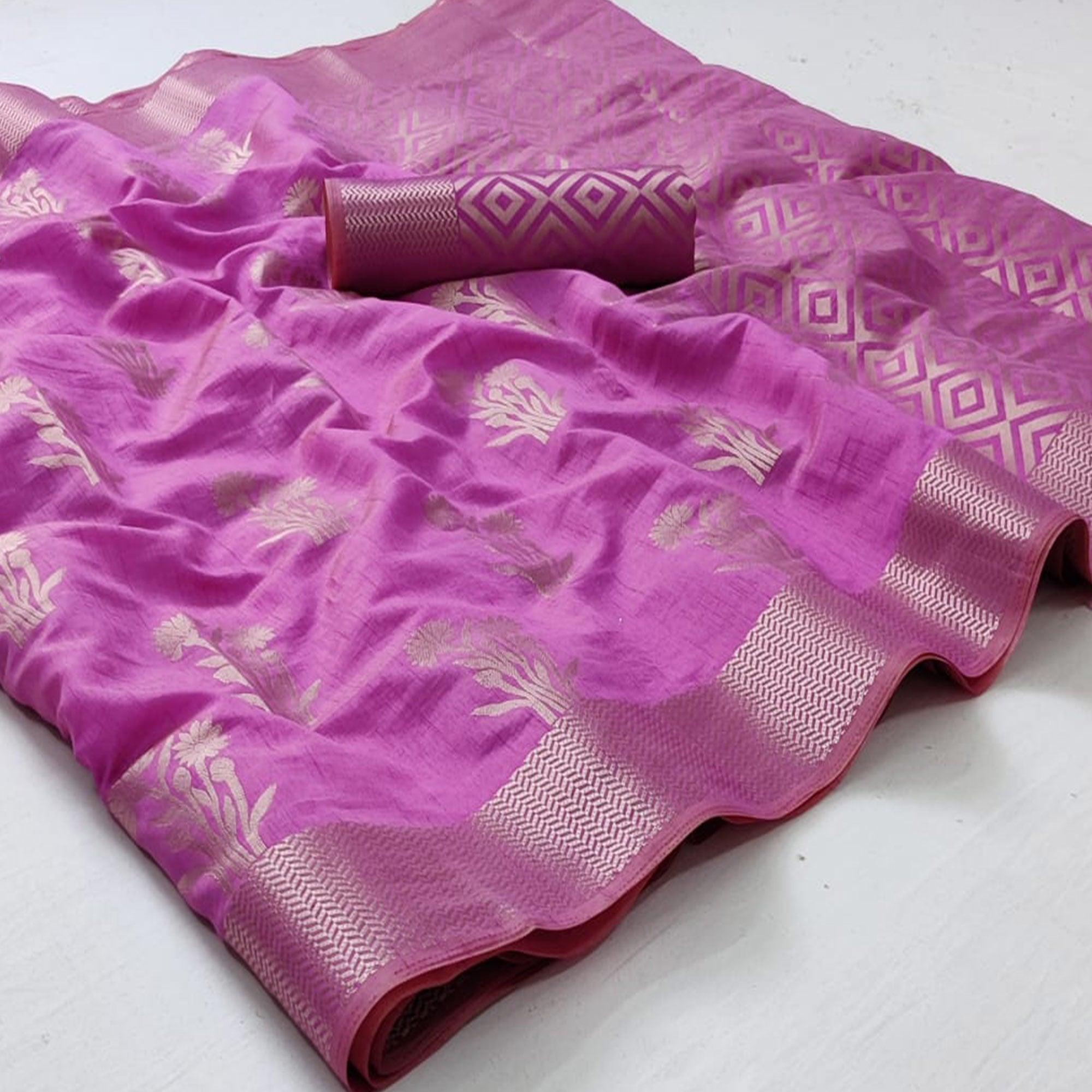 Magenta Pink Festive Wear Woven Silk Saree With Butta Pallu - Peachmode