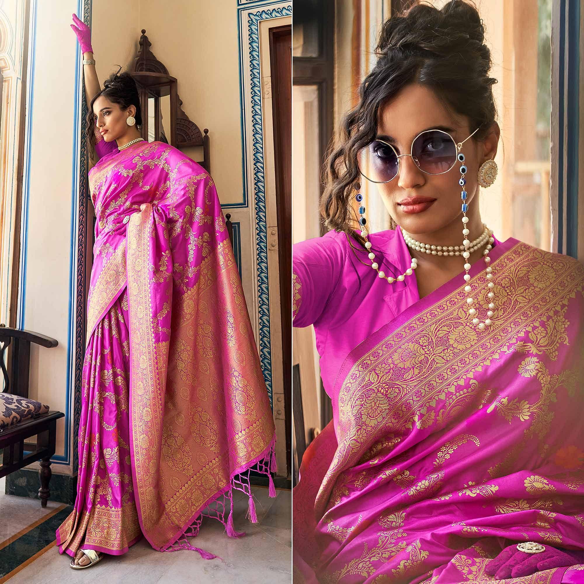 Magenta Pink Festive Wear Woven Silk Saree With Tassels - Peachmode
