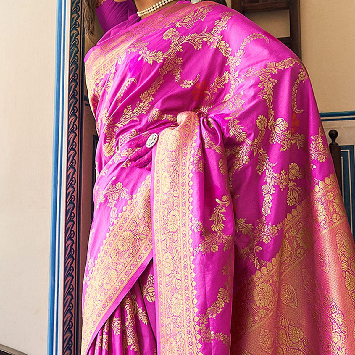 Magenta Pink Festive Wear Woven Silk Saree With Tassels - Peachmode