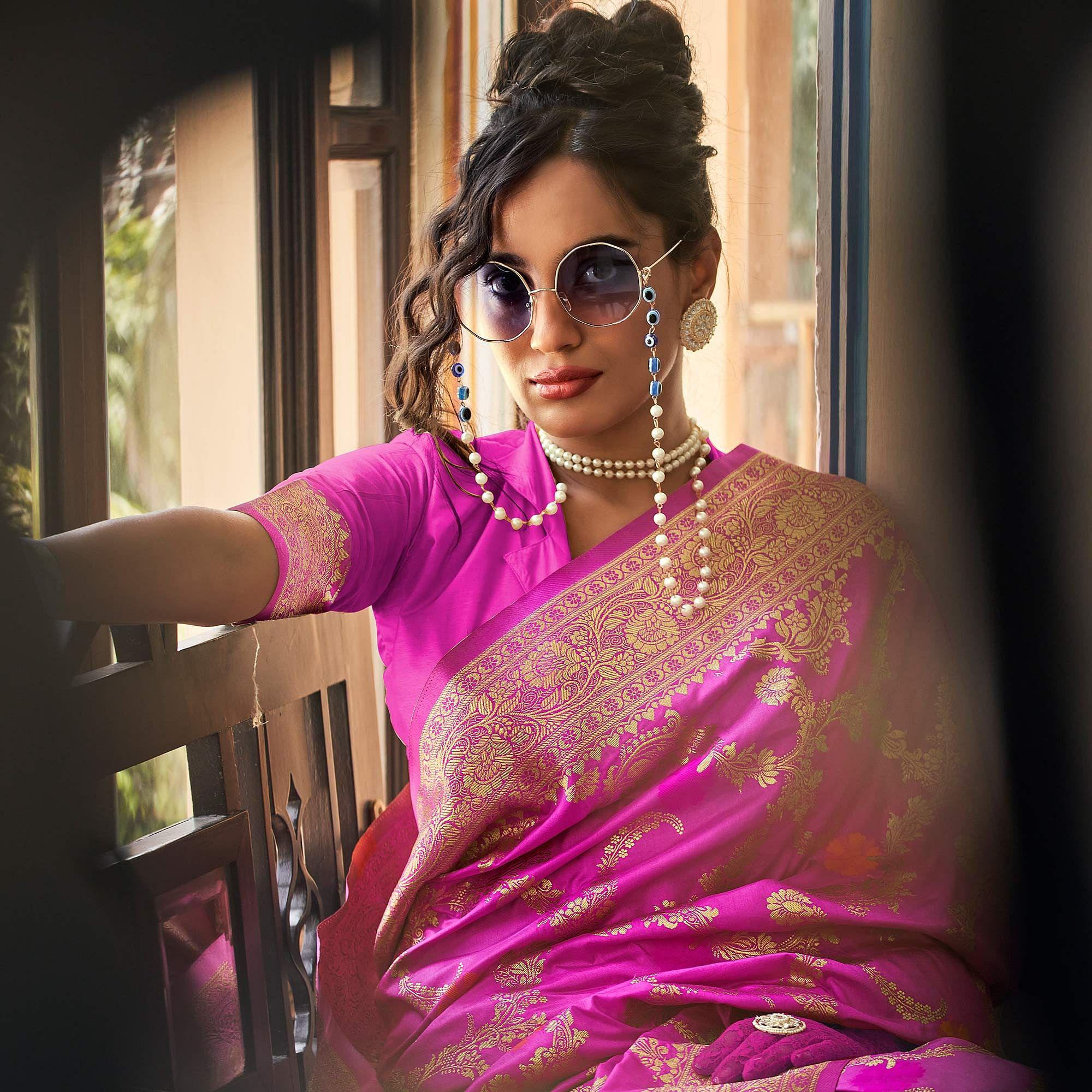 Magenta Pink Festive Wear Woven Silk Saree With Tassels - Peachmode
