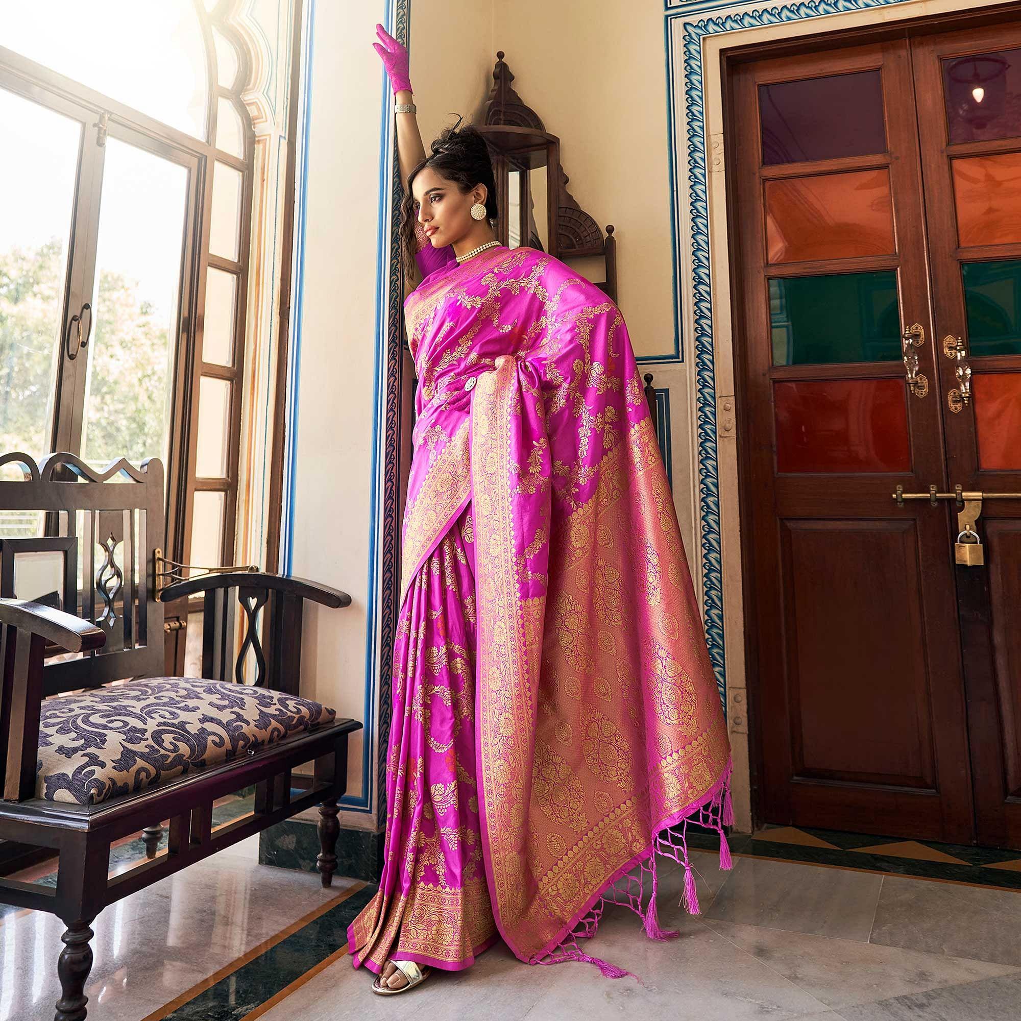 Magenta Pink Festive Wear Woven Silk Saree With Tassels - Peachmode