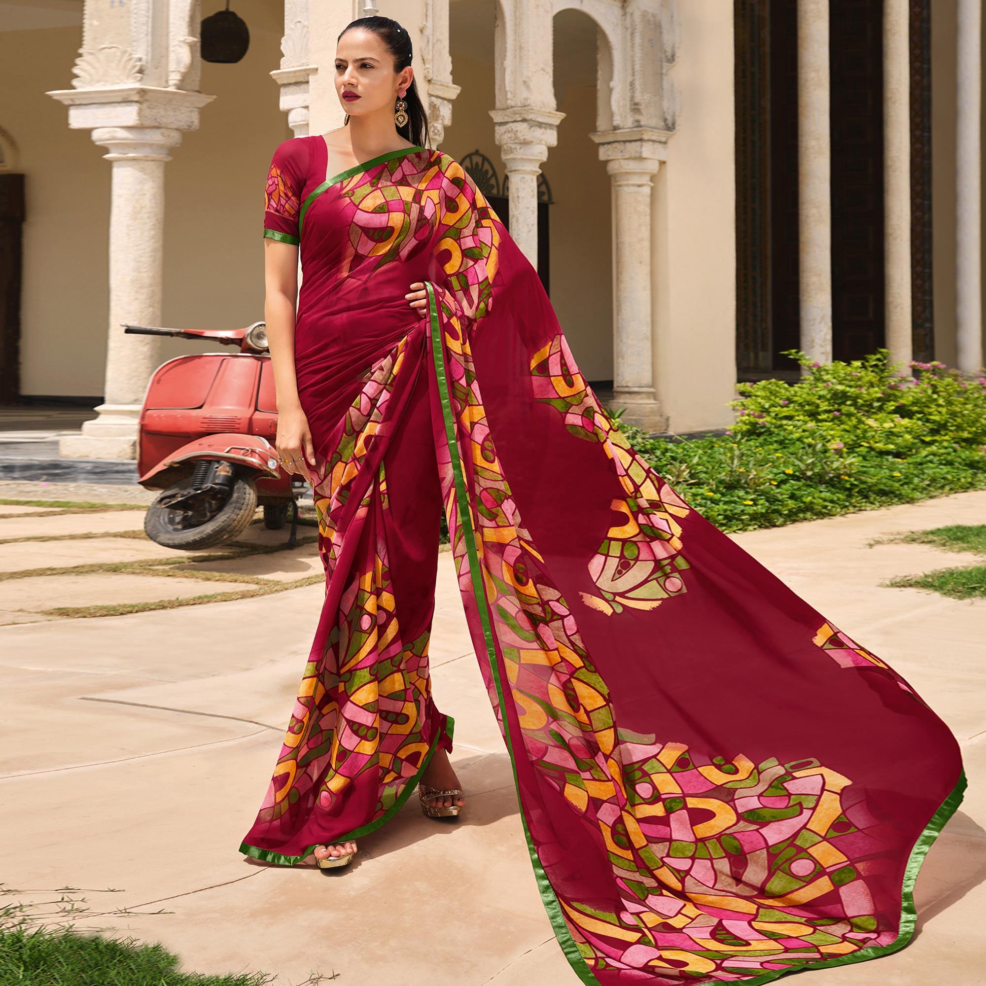 Magenta Pink Printed Georgette Saree - Peachmode