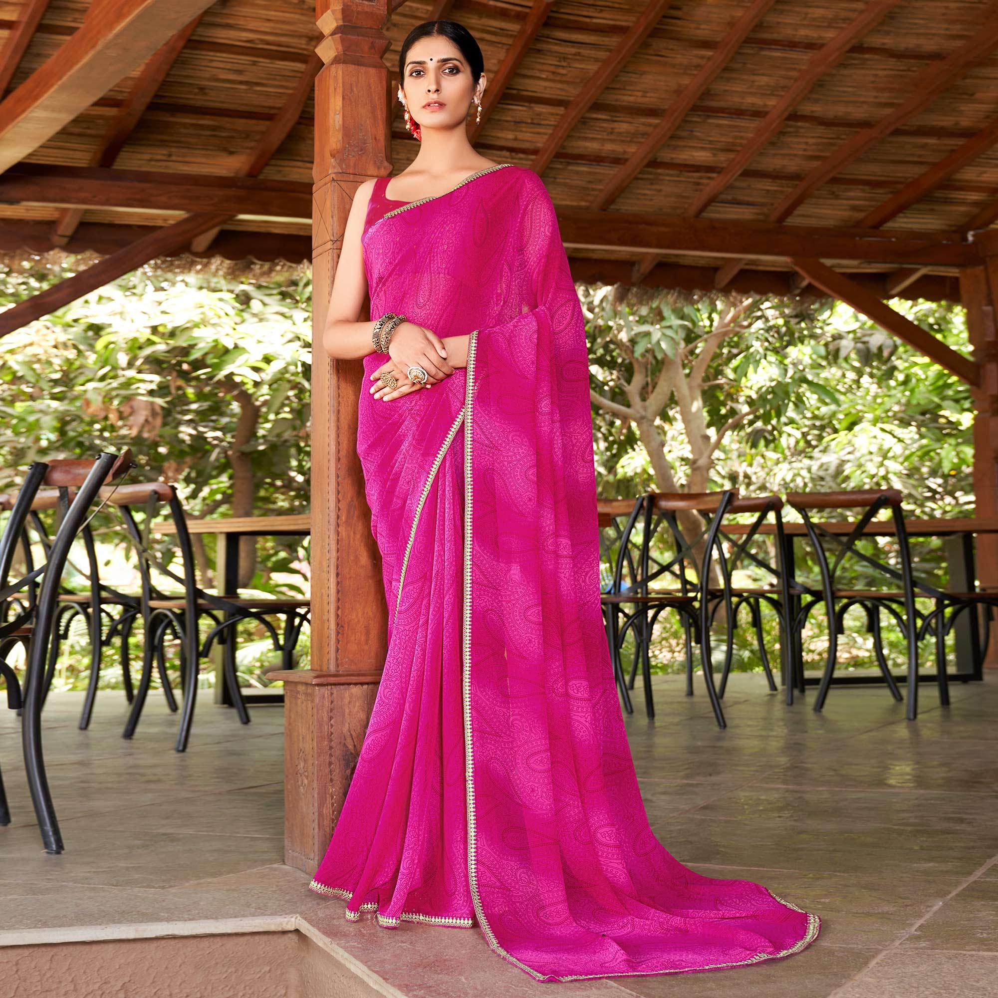 Magenta Pink Printed With Sequence Embroidered Border Georgette Saree - Peachmode