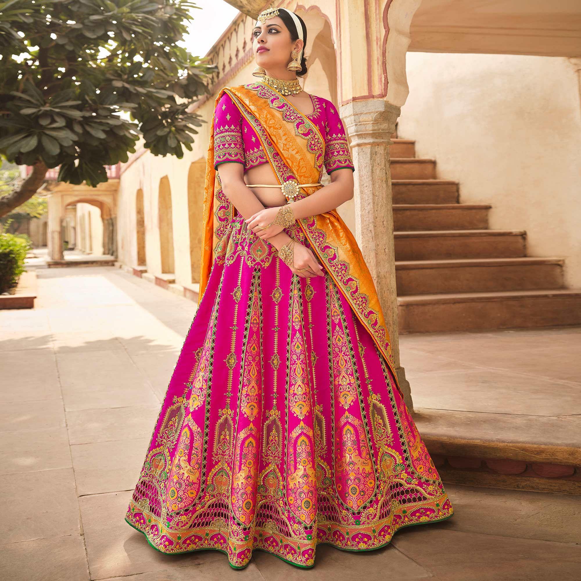 Magenta Pink Wedding Wear Woven-Embellished Banarasi Silk Lehenga Choli - Peachmode