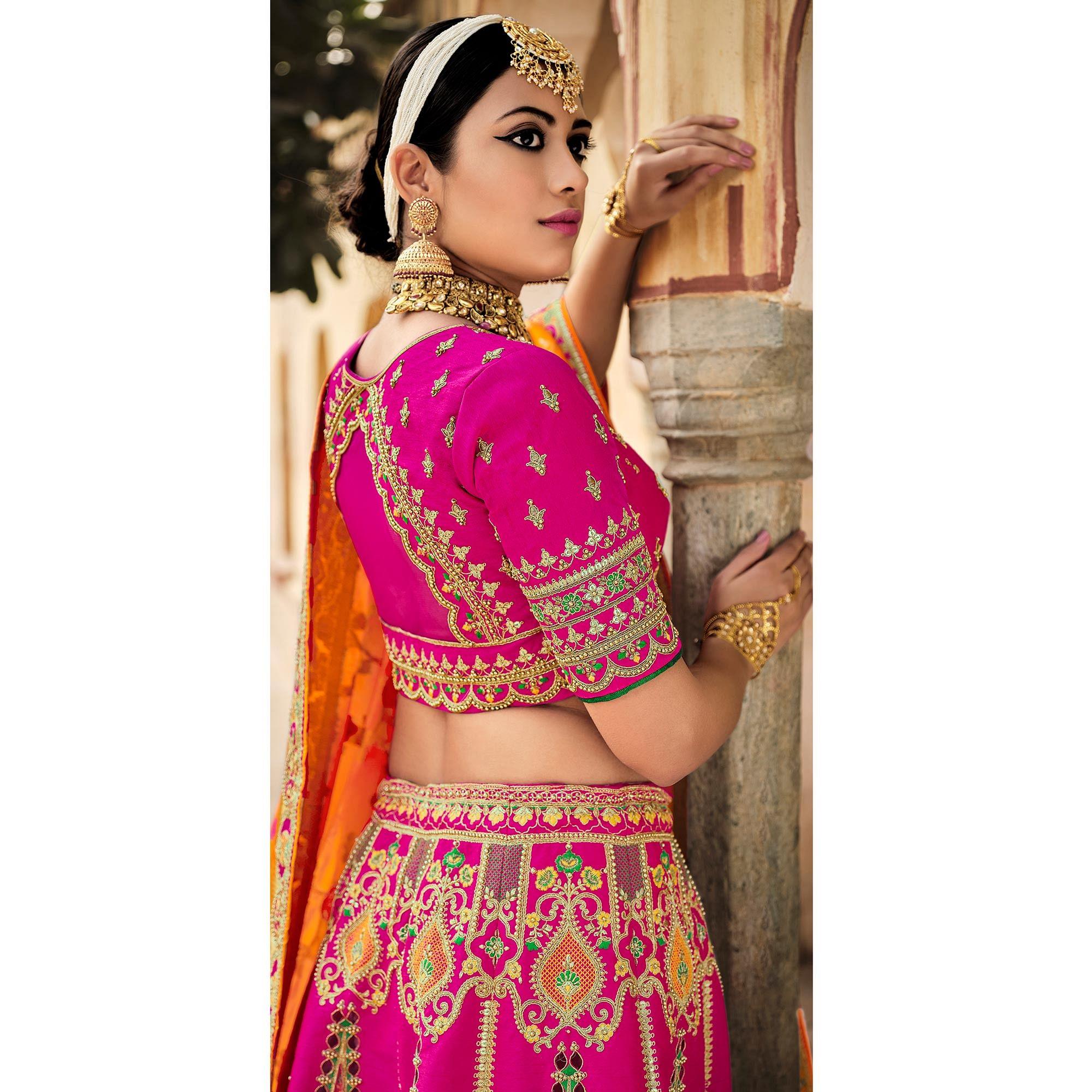 Magenta Pink Wedding Wear Woven-Embellished Banarasi Silk Lehenga Choli - Peachmode