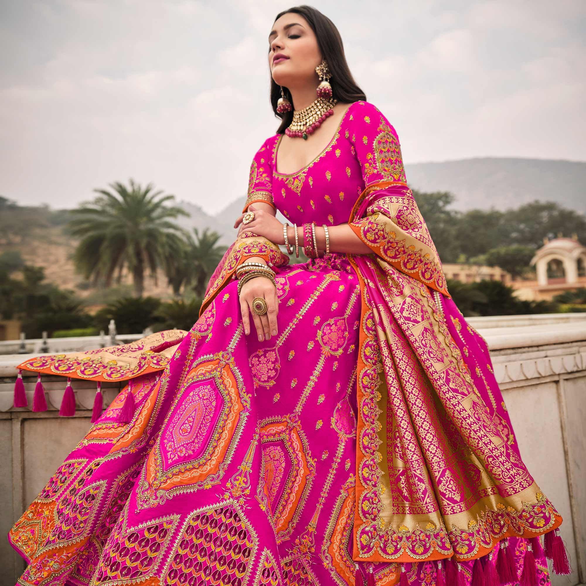 Magenta Pink Wedding Wear Woven-Embellished Banarasi Silk Lehenga Choli - Peachmode